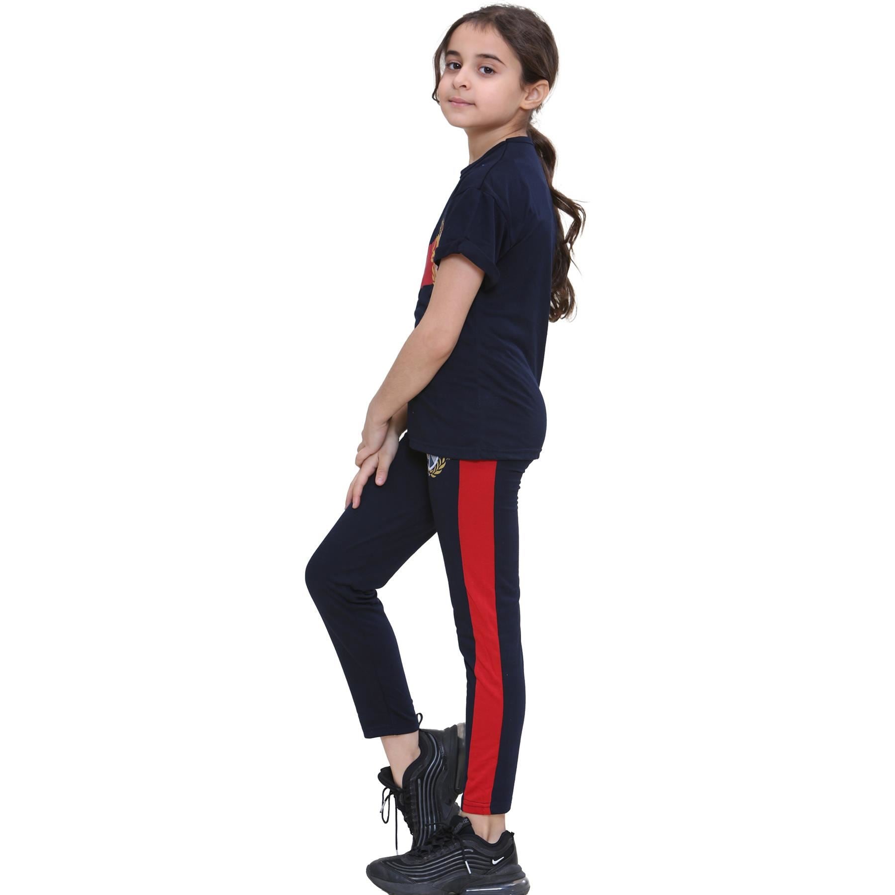 Kids Girls Lion Varsity Logo Print Navy T Shirt Top & Legging Set