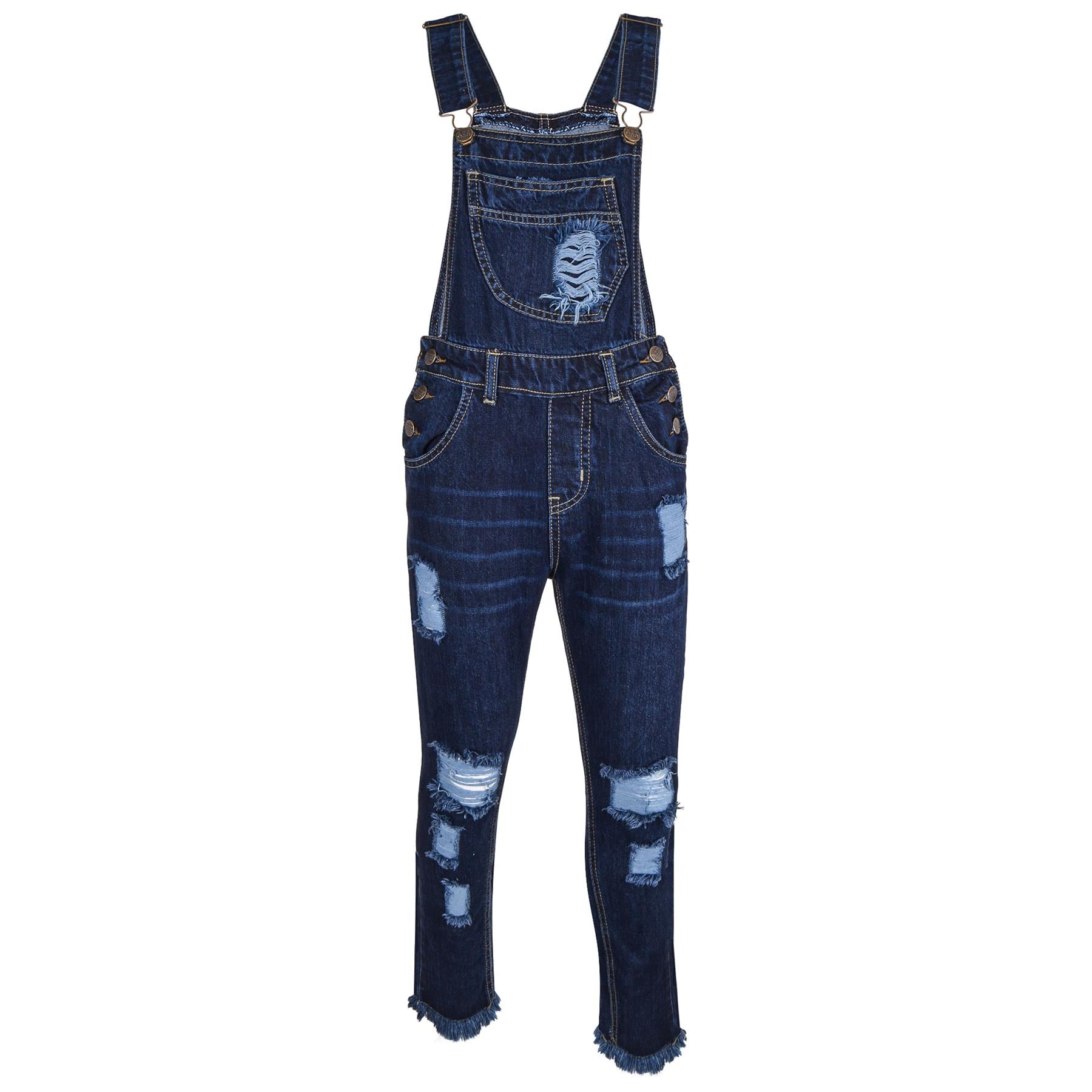 Kids Girls Denim Dungaree Dark Blue Ripped Jeans - Kids Clothing Store