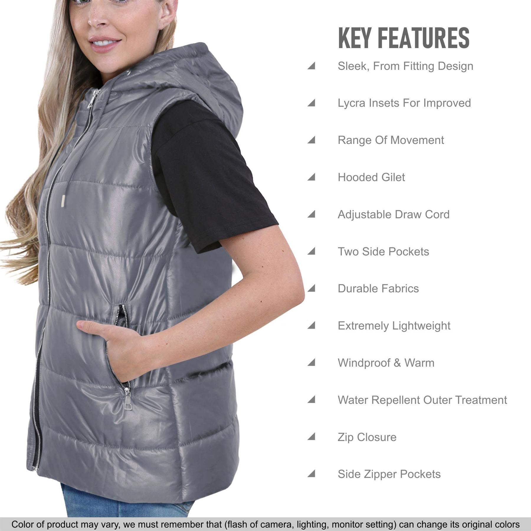 Ladies Oversized Silver Zipped Pockets Gilet Steel Grey Jacket Sleeveless Coat