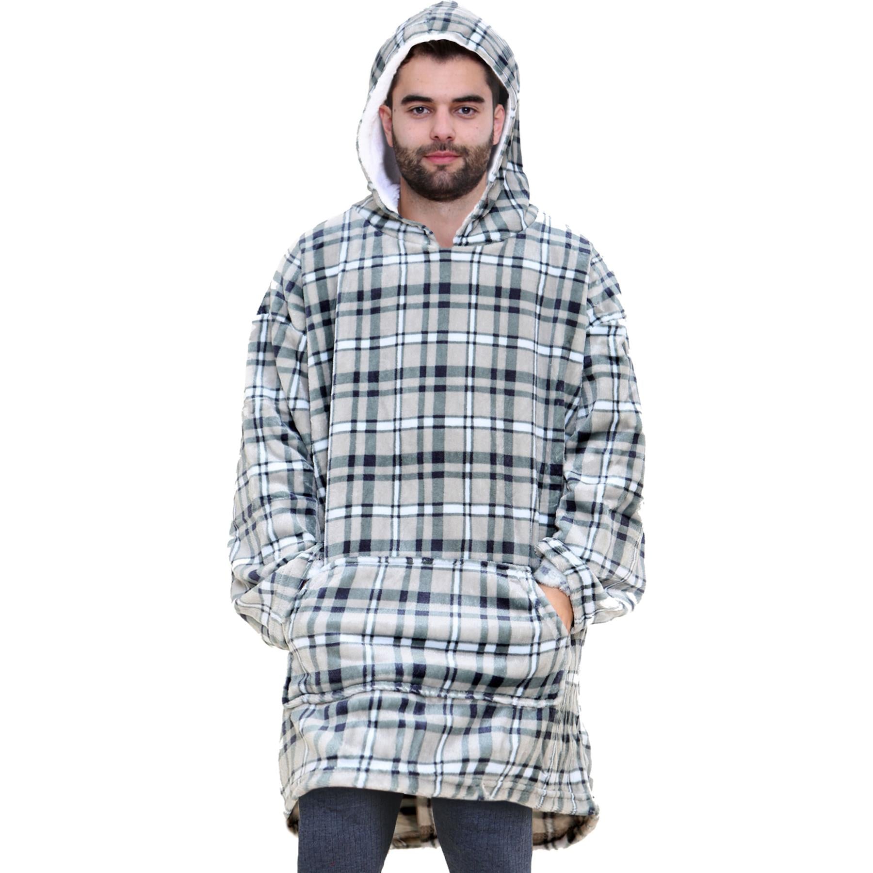 Unisex Men's Ladies Oversized Hoodie Blue Tartan Snuggle Super Soft Warm Blanket