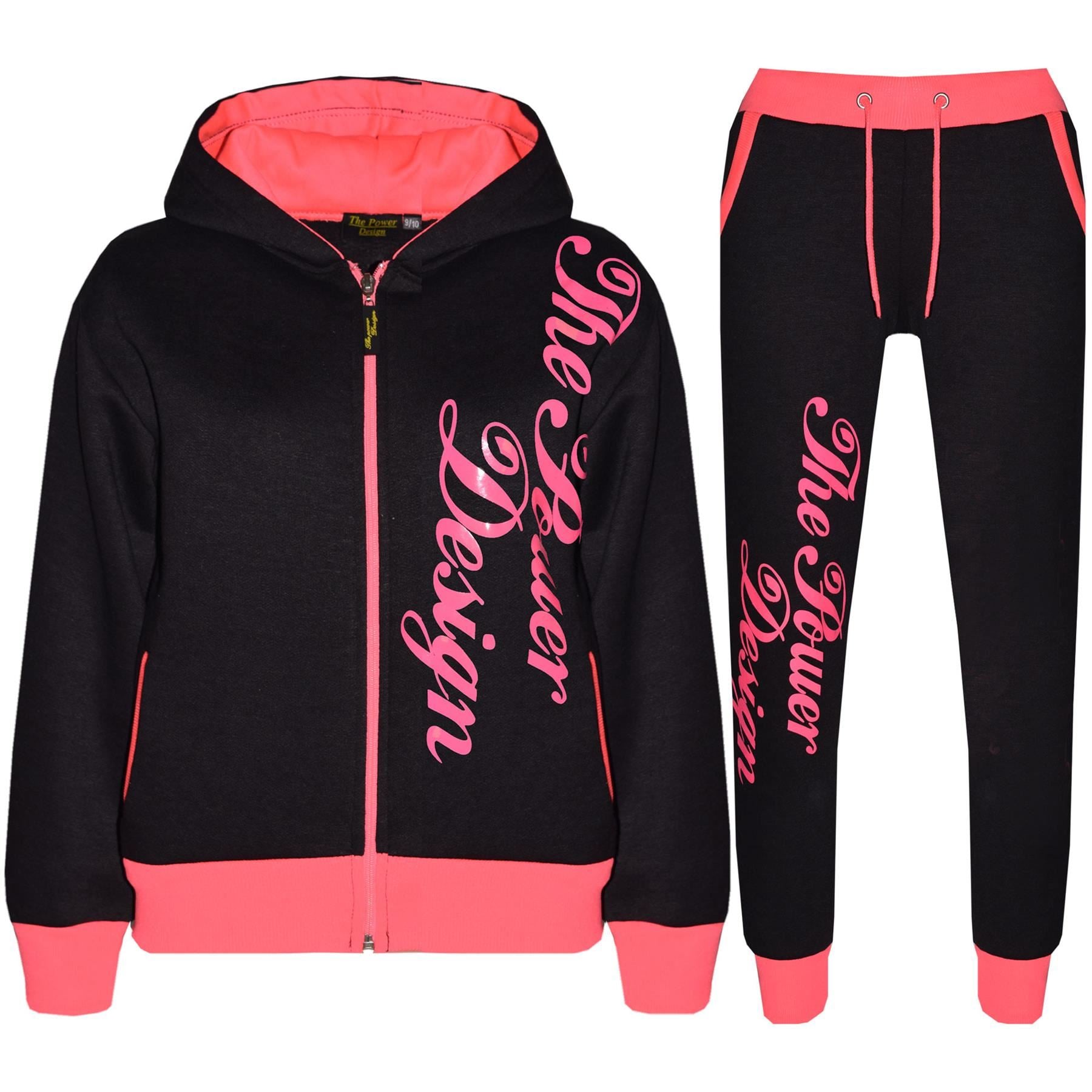 Kids Girls The Power Design Jogger Black & Neon Pink Tracksuit