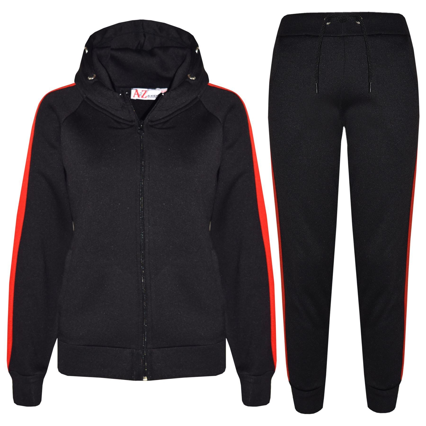 Unisex Black & Red Jogging Plain Fleece Hooded Tracksuit