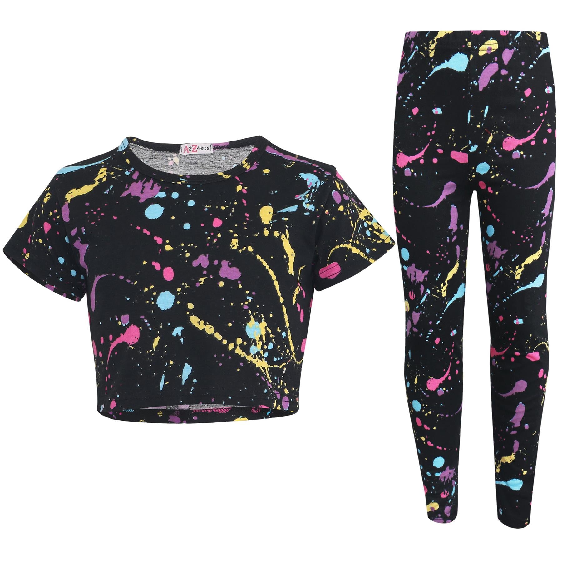 Kids Girls Crop Top & Legging Set Splash Print Two Piece Outfit Clothing Set