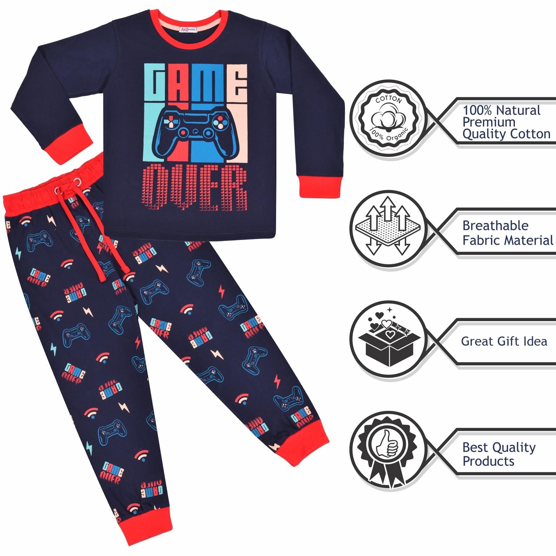 Kids Girls Boys Pyjamas Game Over Contrast Top Bottom 2 Piece PJS Sleepwear Set - Kids Clothing Store