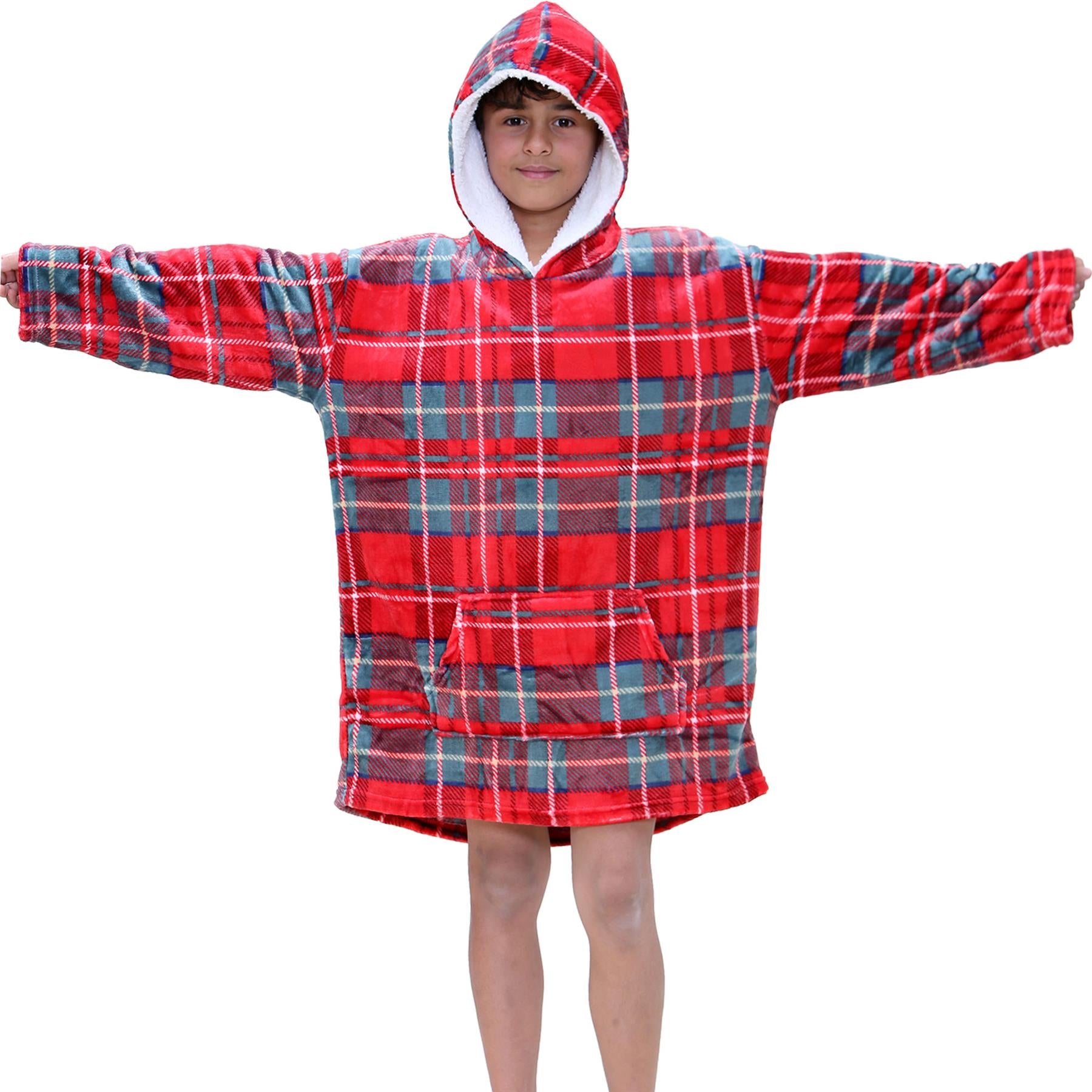 Kids Unisex Oversized Hoodie Snuggle Red Tartan Printed Fleece Blanket