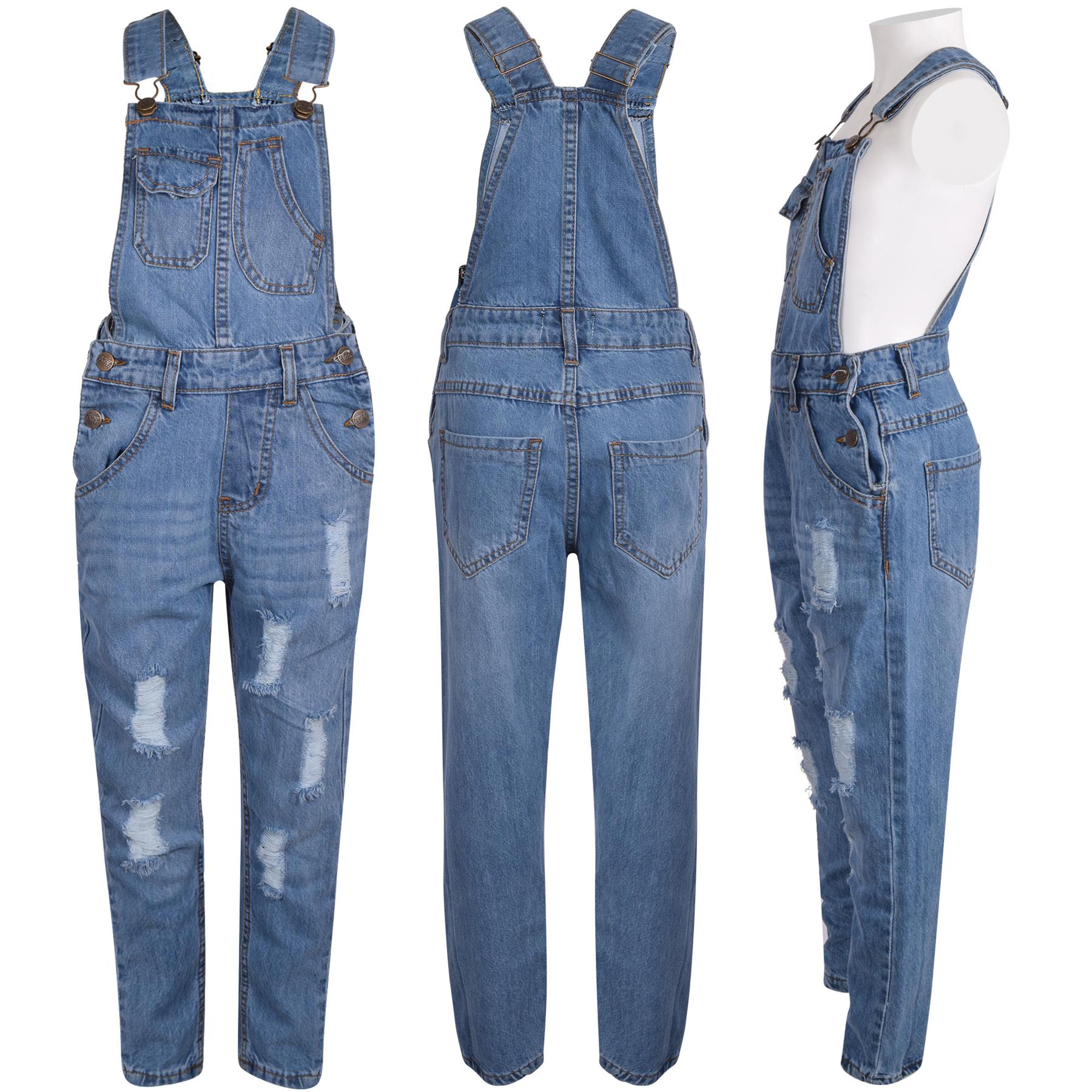 Kids Girls Denim Dungaree Full Length Light Blue Jeans Jumpsuit