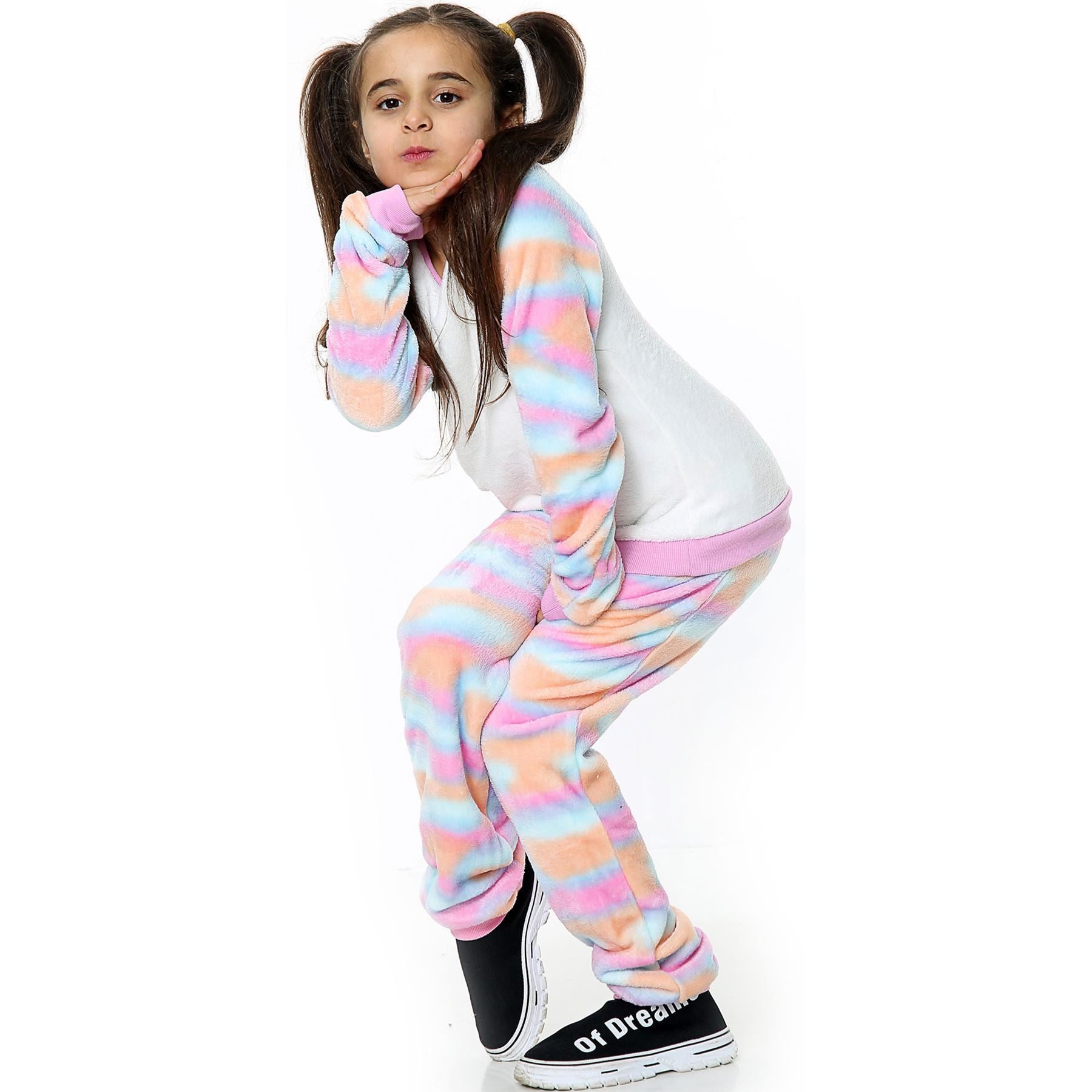 Kids Rainbow Pastel Print Sleeve Pyjamas Sleepsuit Costume For Girls Age 5-13