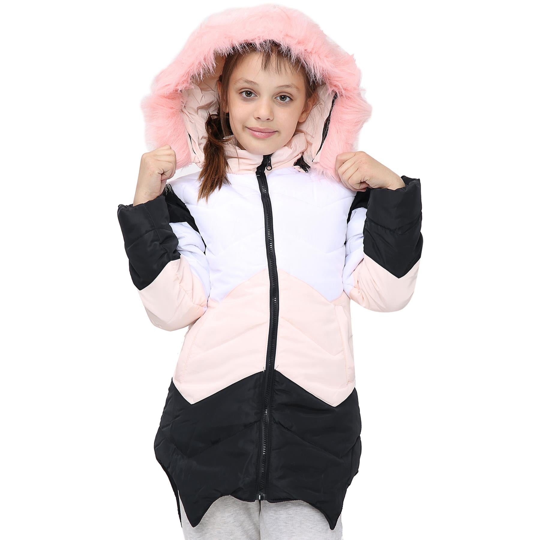 Kids Hooded Baby Pink Puffer Coat Faux Fur Jacket Contrast Panel - Kids Clothing Store