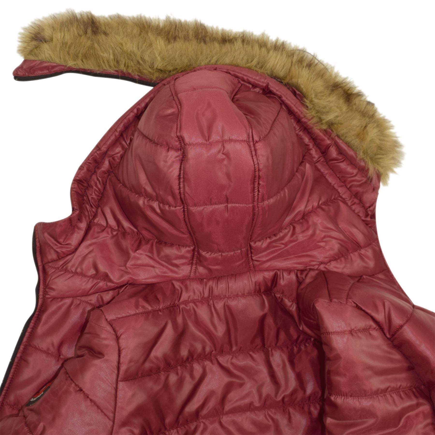 Kids Girls Boys Fux Fur Wine Hooded Puffer Jacket