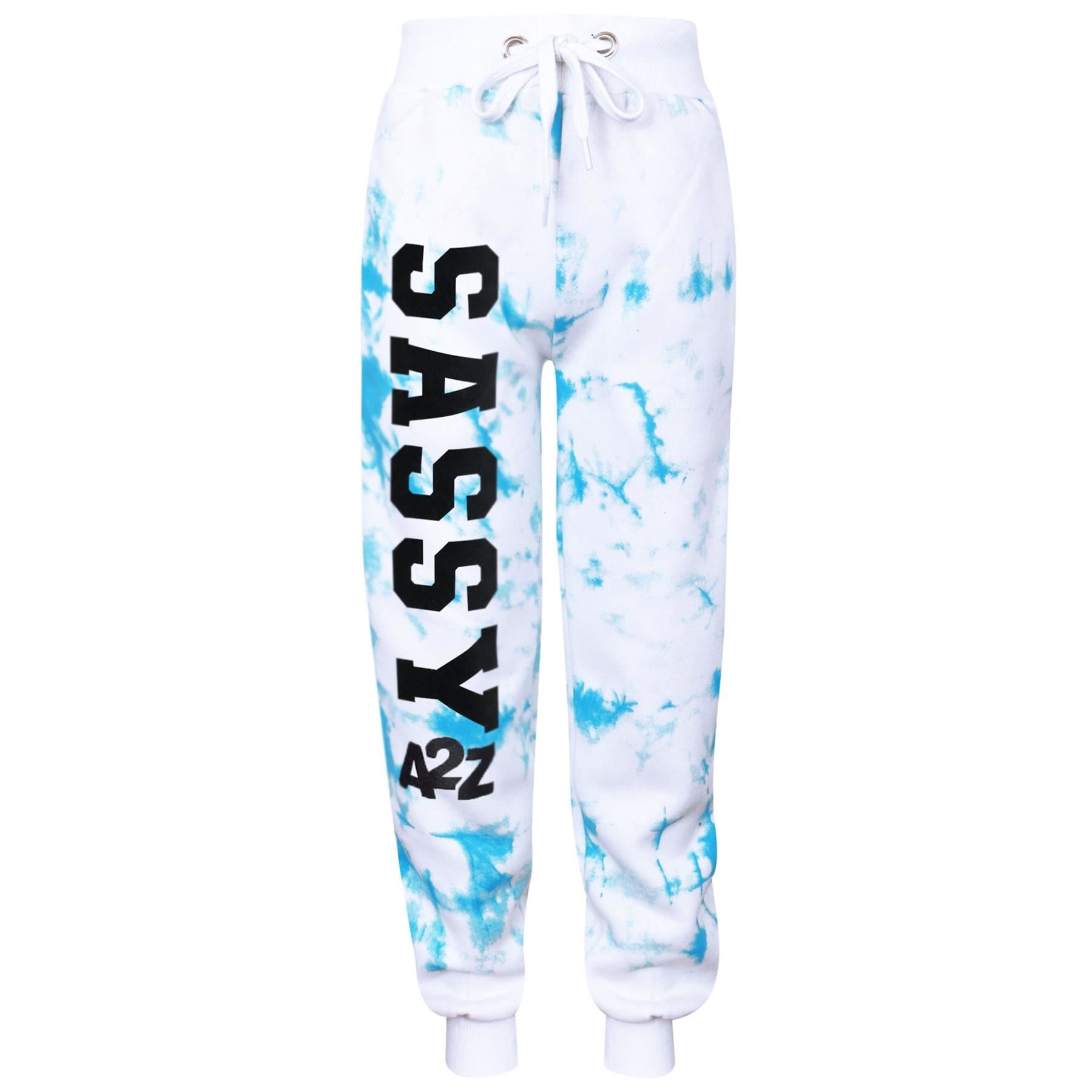 Kids Girls Tie Dye Tracksuit "SASSY" Print Blue Hooded Crop Jogging Suit