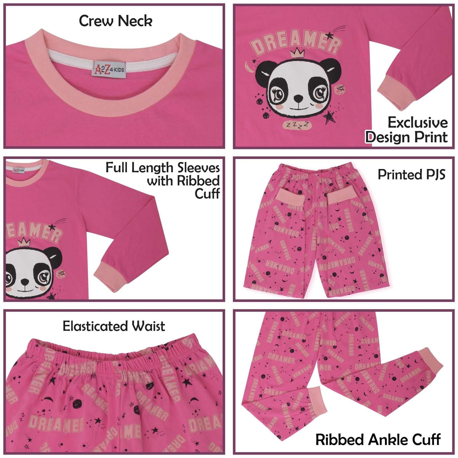 Kids Girls Pyjamas Panda Animal Dreamer Print Pink Lounge Suit Set