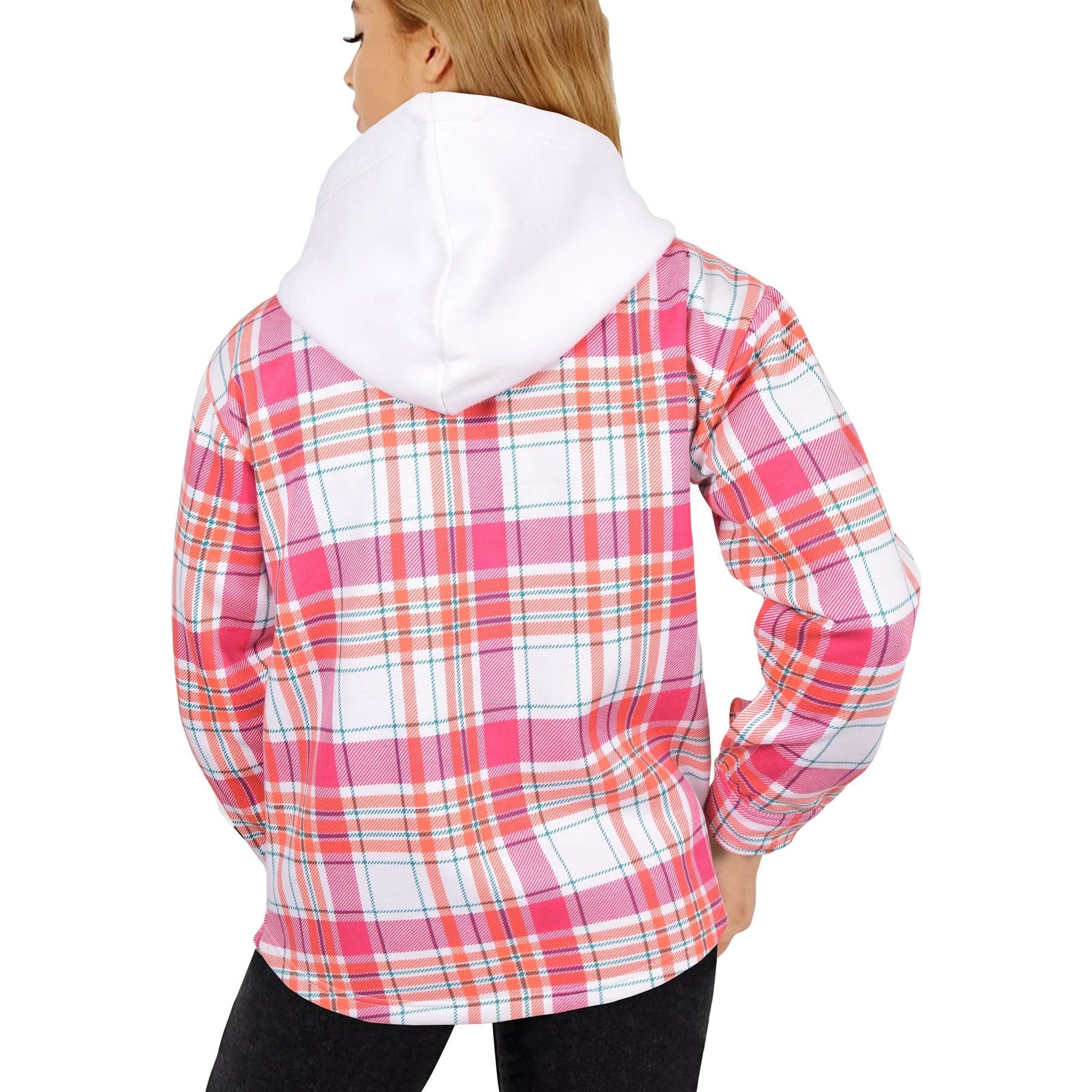 Ladies Shacket Pink Checked Print Oversize Hooded Coat For Women