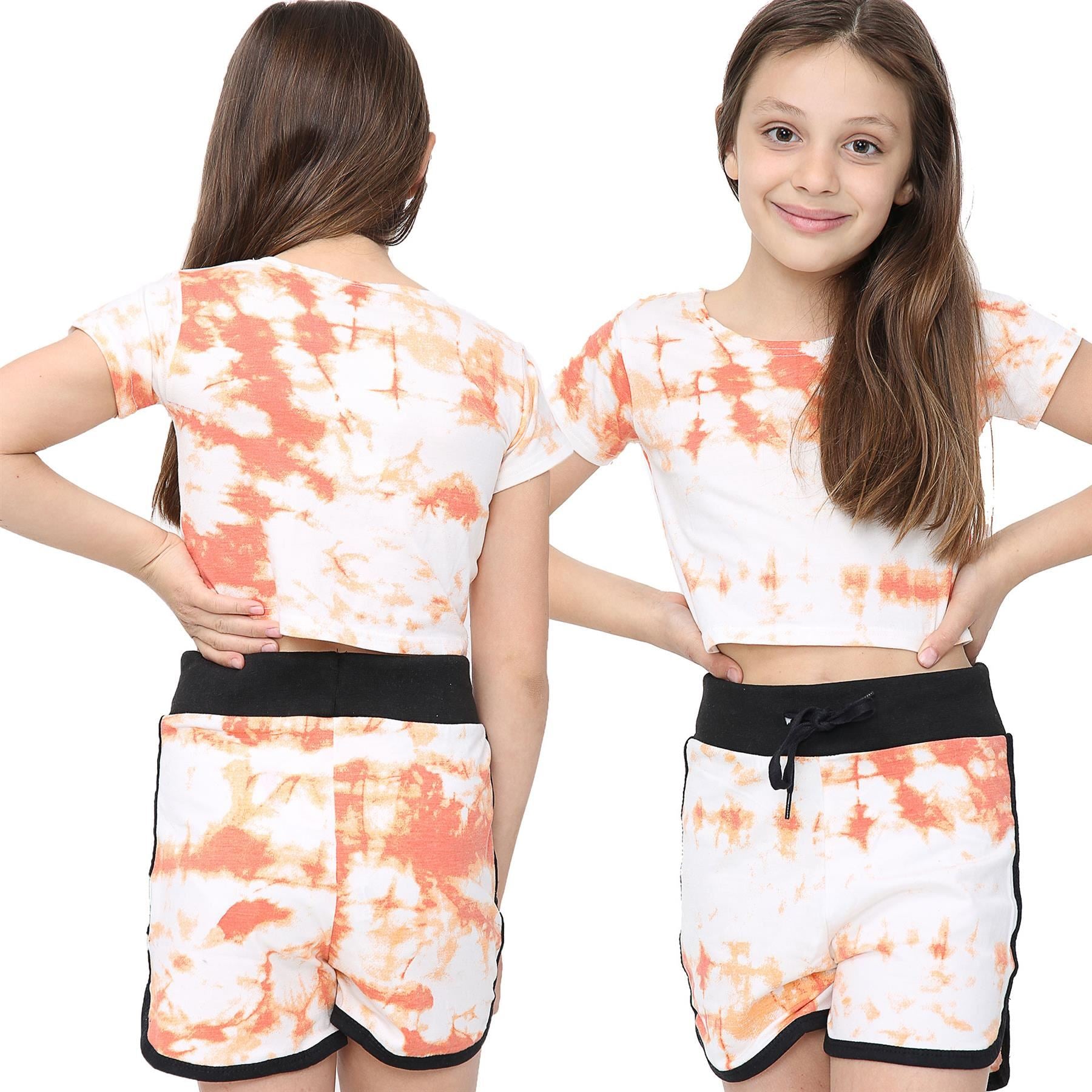 Girls Orange Tie Dye Print Summer Top & Hot Shorts Set