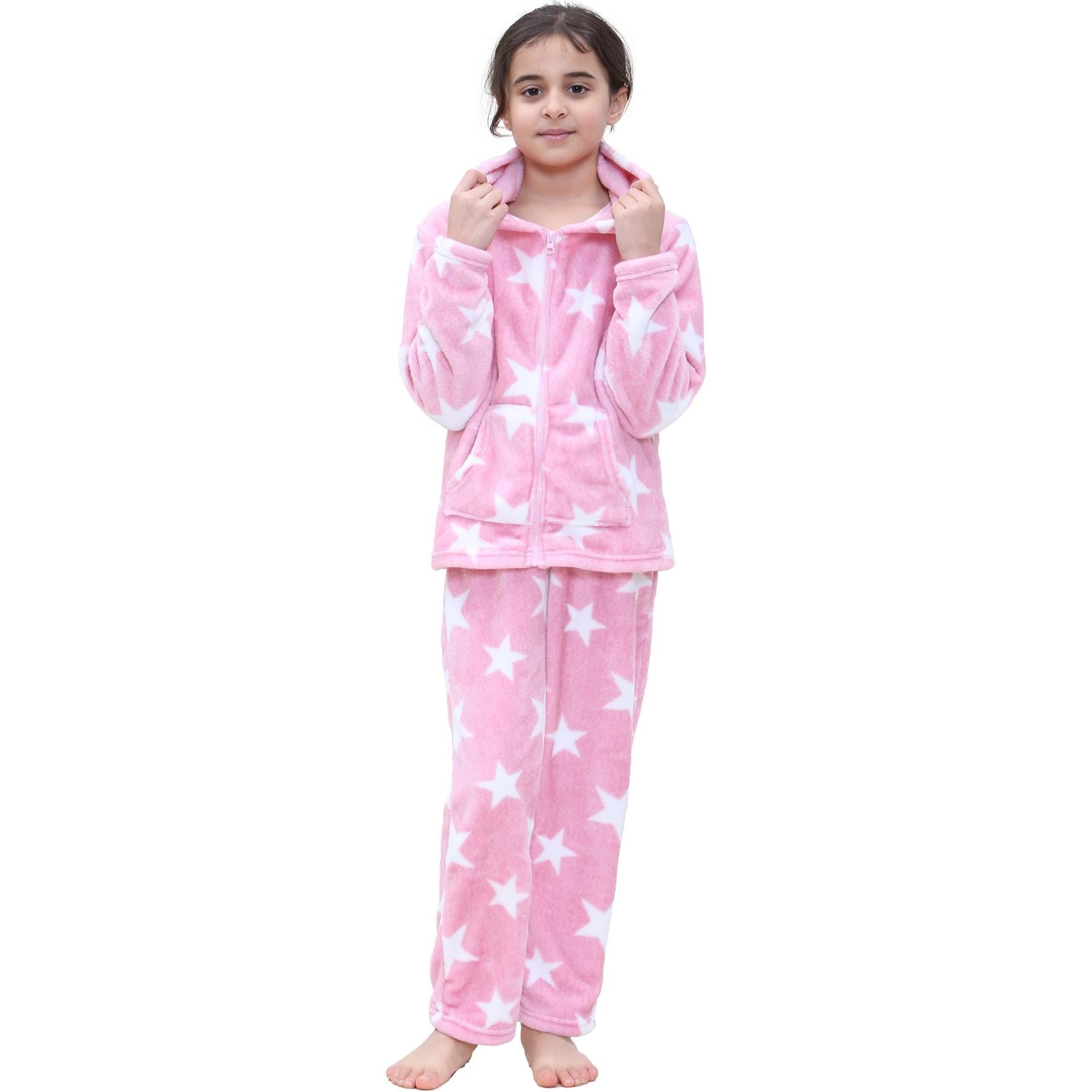 Kids Girls Stars Print Pink Zipped Pyjama Extra Soft Hooded Flannel Fleece PJS Set