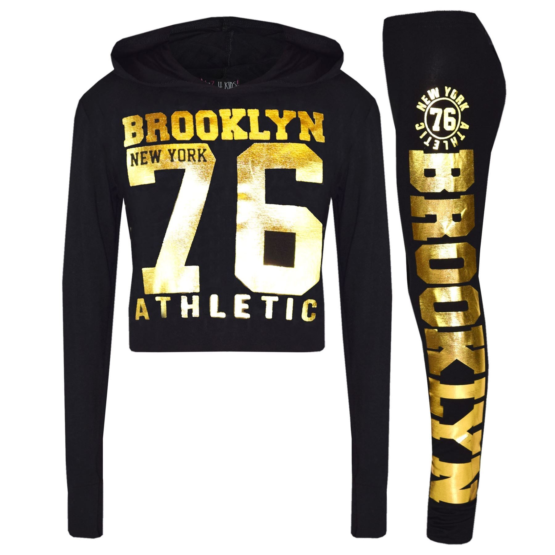 Girls Brooklyn 76 Gold Print Hooded Crop Top Legging