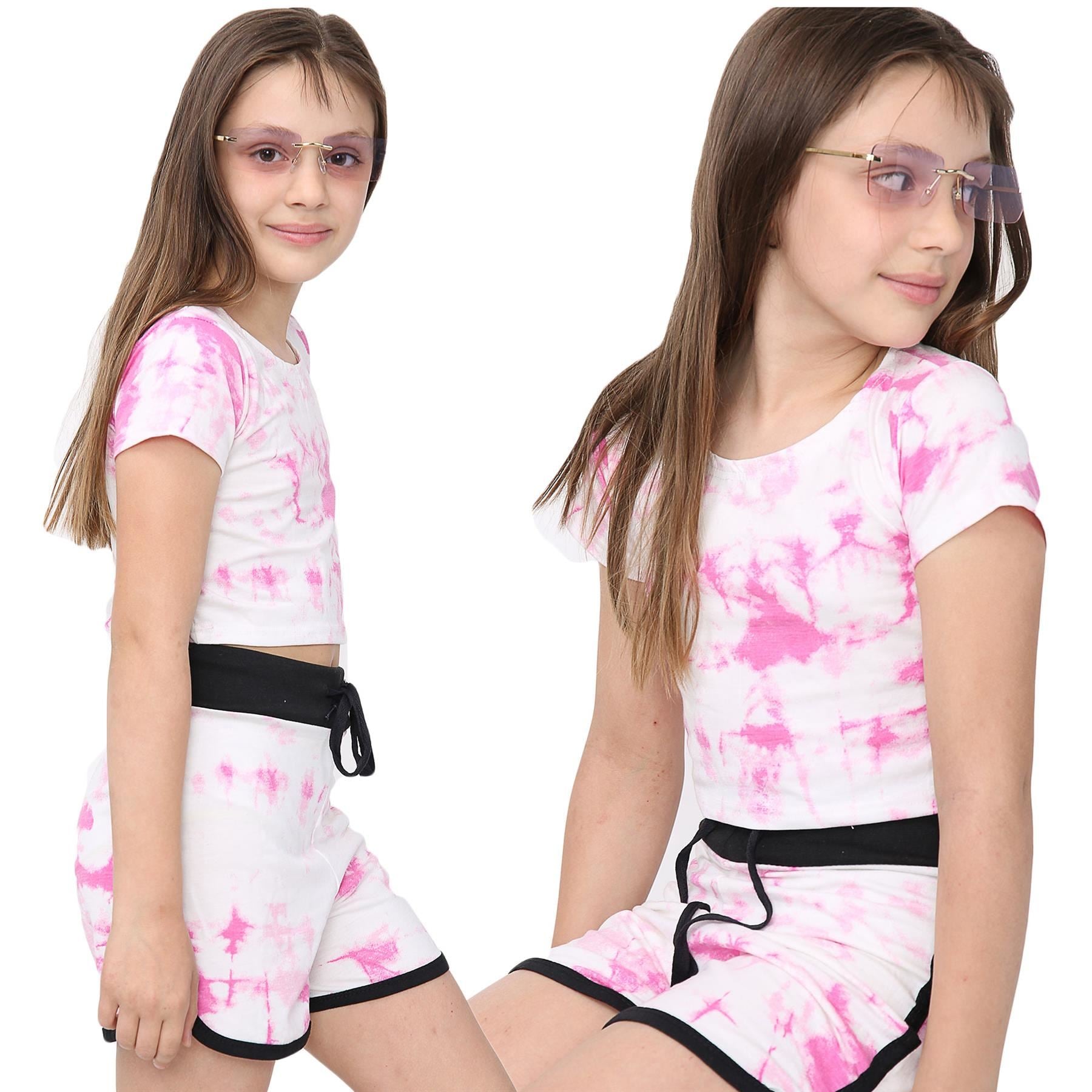 Girls Pink Tie Dye Print Summer Top & Hot Shorts Set