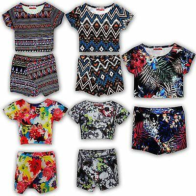 Kids Girls Tropical Aztec Floral Tribal Crop Top & Skort Set