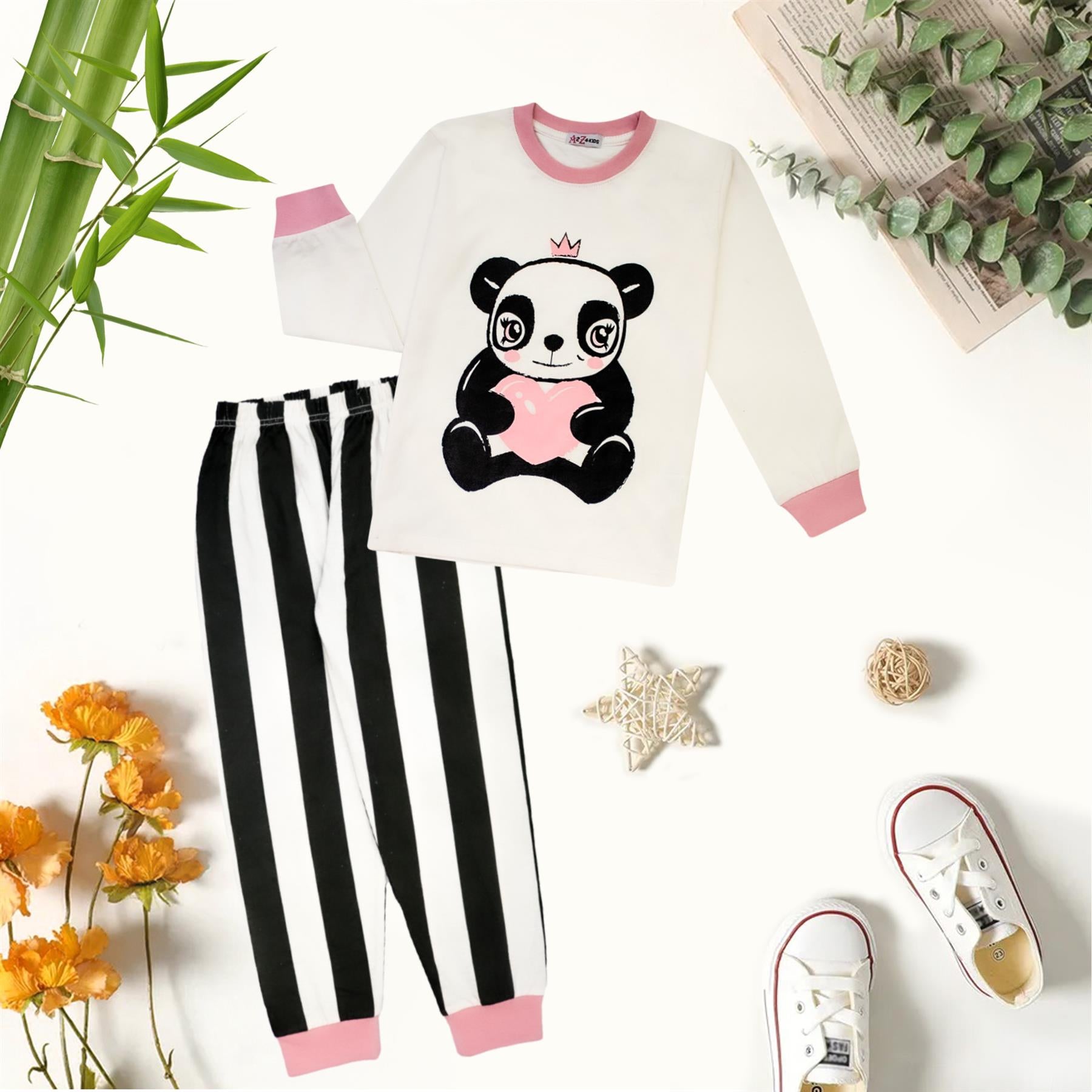 Kids Girls Boys Christmas Pyjamas Panda Animal Print Baby Pink Lounge Suit