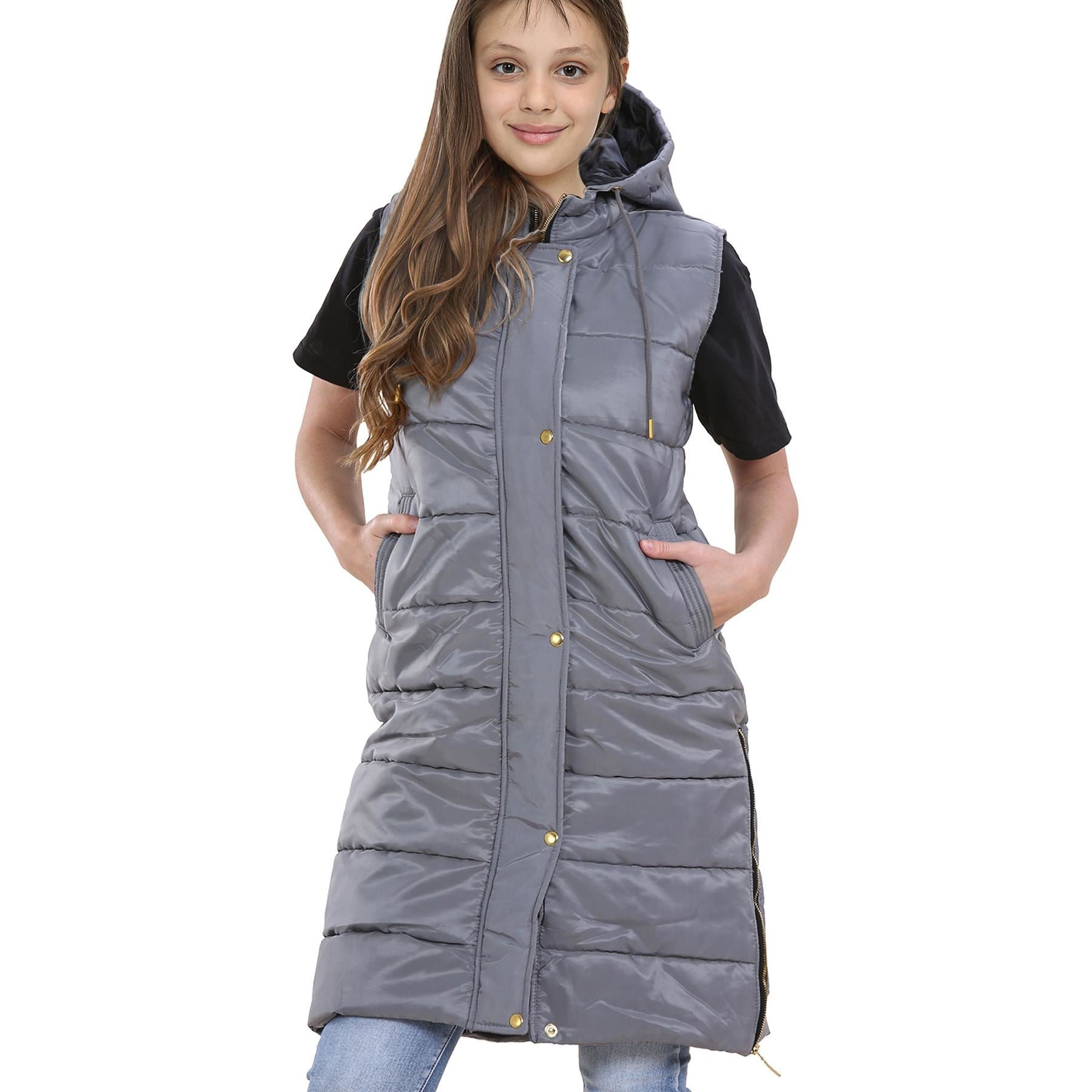 Kids Girls Oversized Gilet Long Line Style Steel Grey Jacket