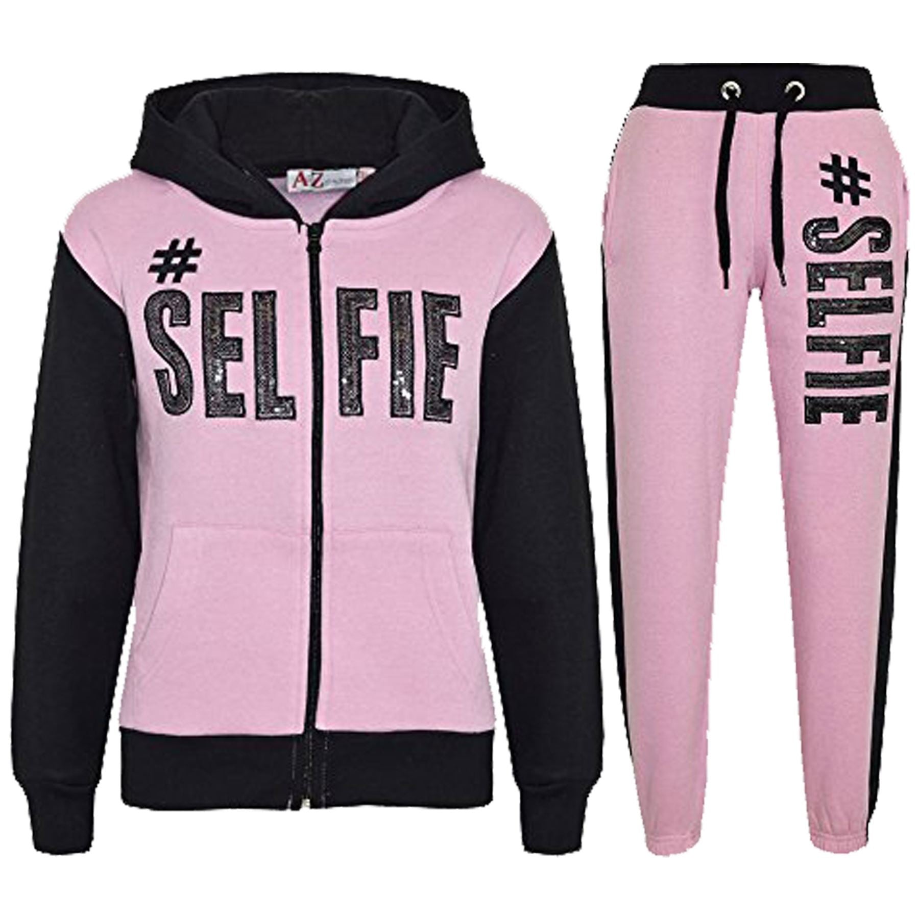 Girls #SELFIE Sequin Embroidered Baby Pink & Black Tracksuit