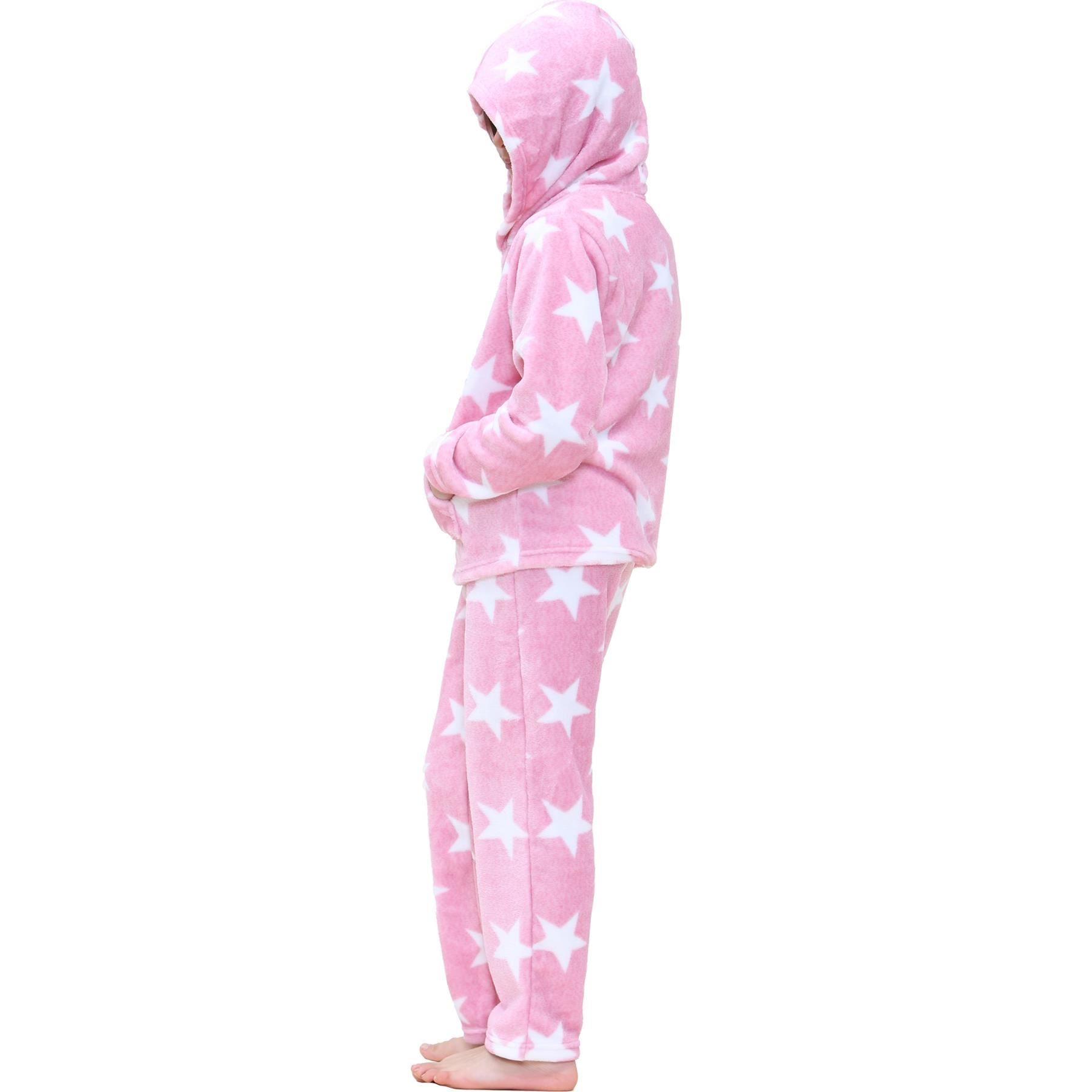 Kids Girls Stars Print Pink Zipped Pyjama Extra Soft Hooded Flannel Fleece PJS Set