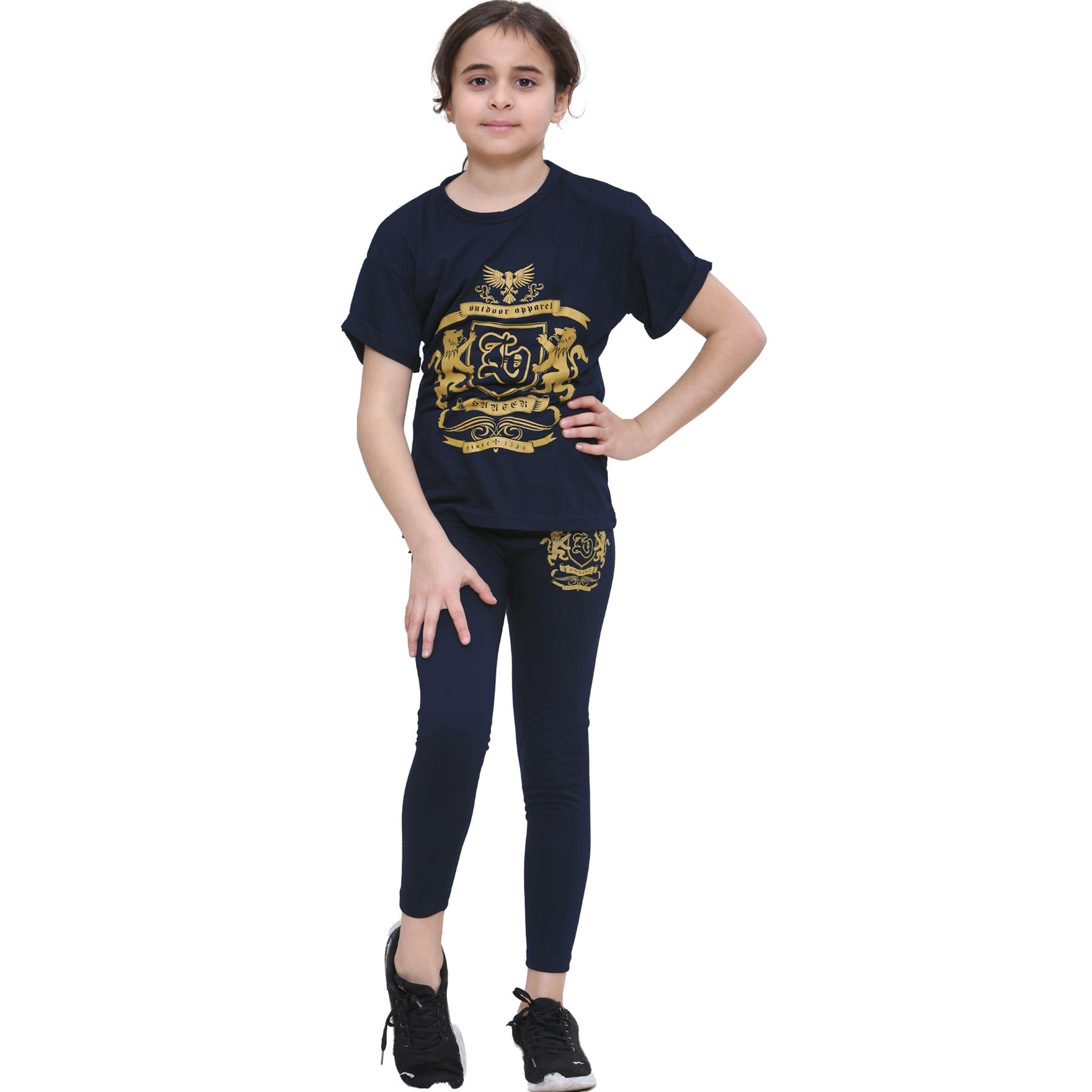 Kids Girls Varsity Lion Print Navy T Shirt Top & Legging Set