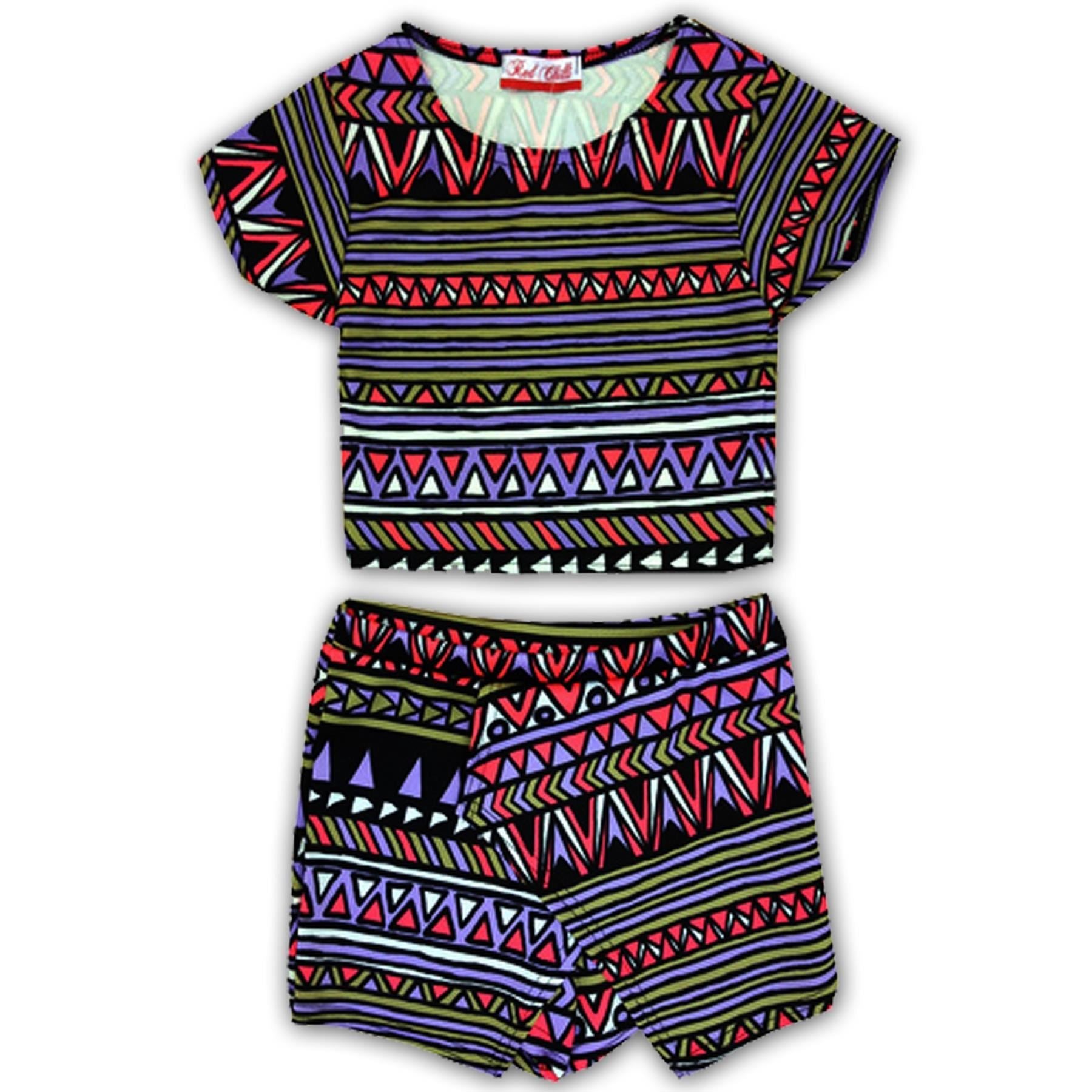 Kids Girls Tropical Aztec Floral Tribal Crop Top & Skort Set