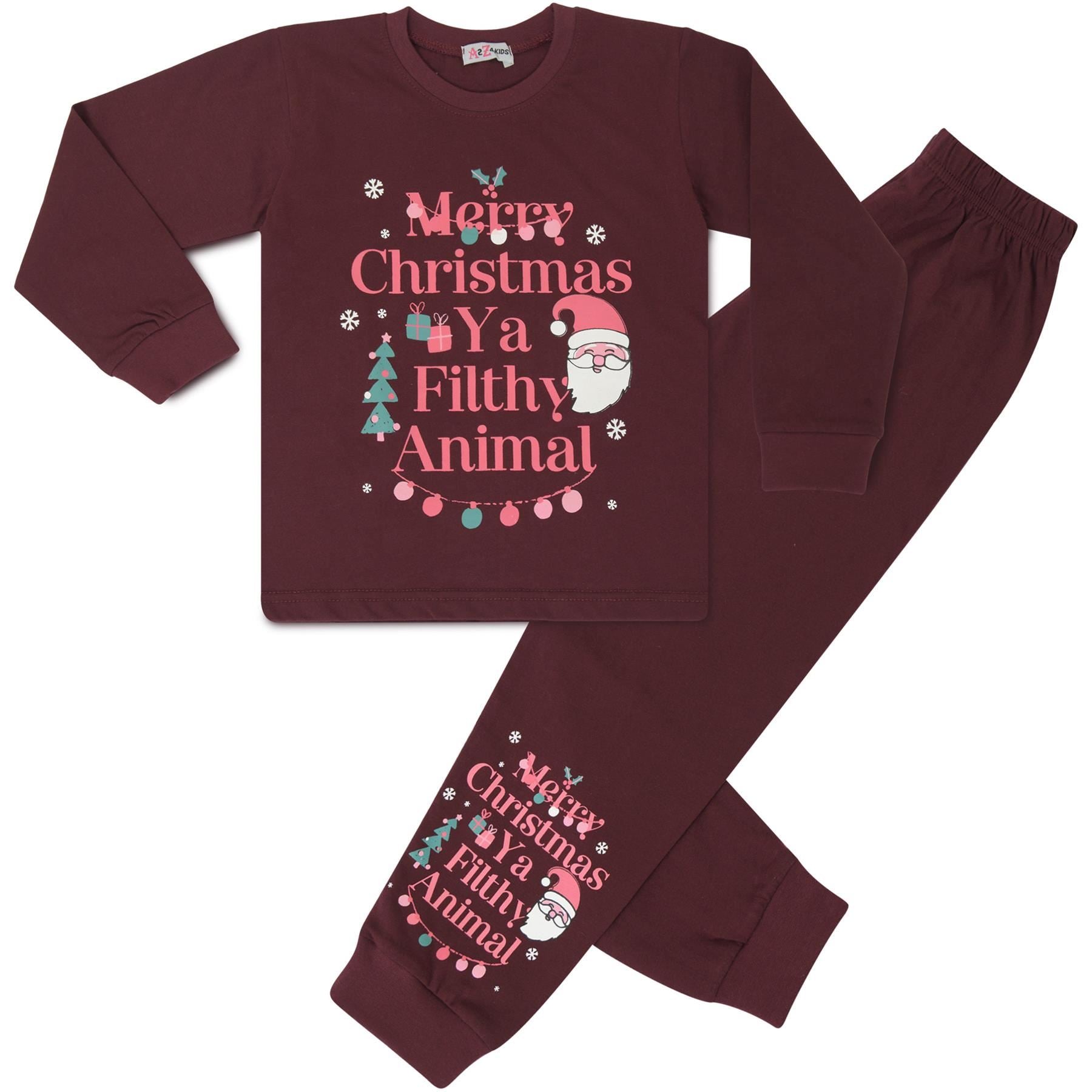 Kids Girls Christmas Pyjamas Ya Filthy Animal Print Wine Lounge Suit