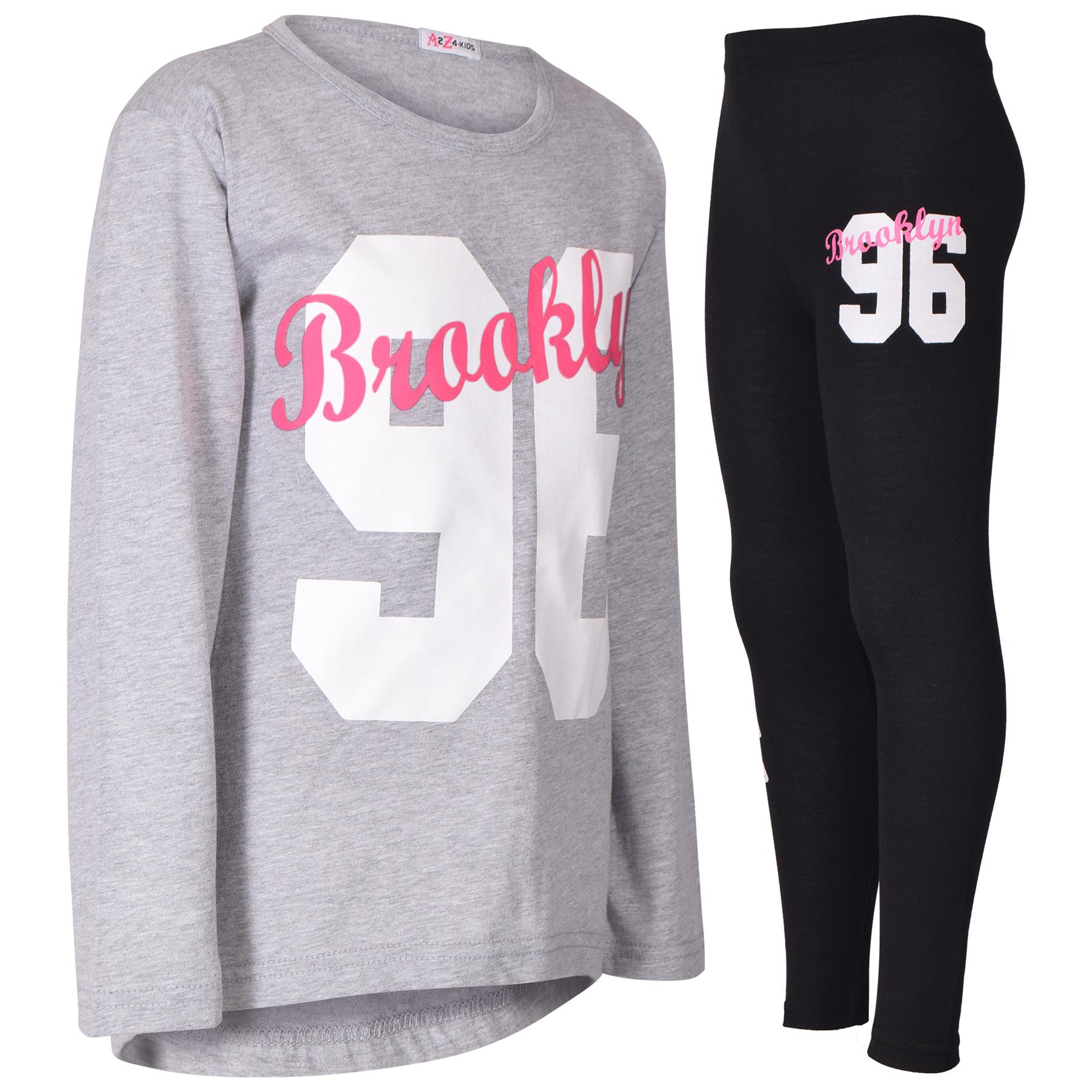 Girls Brooklyn Print Grey Long Sleeves T Shirt Top & Legging Set