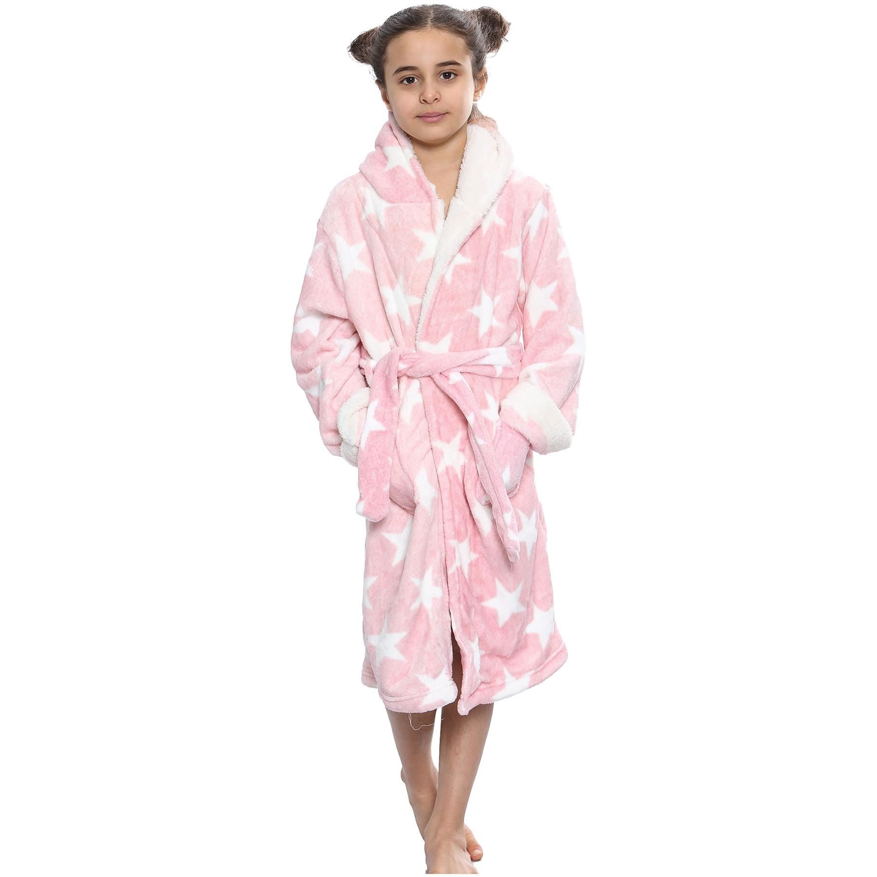 Kids Girls Stars Print Pink Hooded Bathrobe