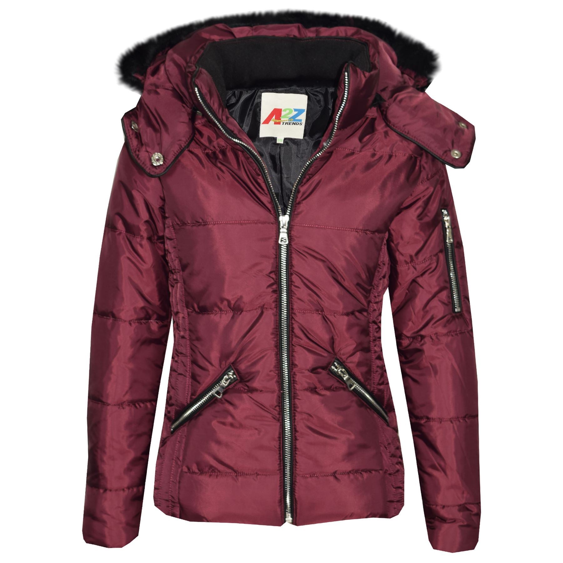 Girls Quilted Puffer Wine Faux Fur Jacket