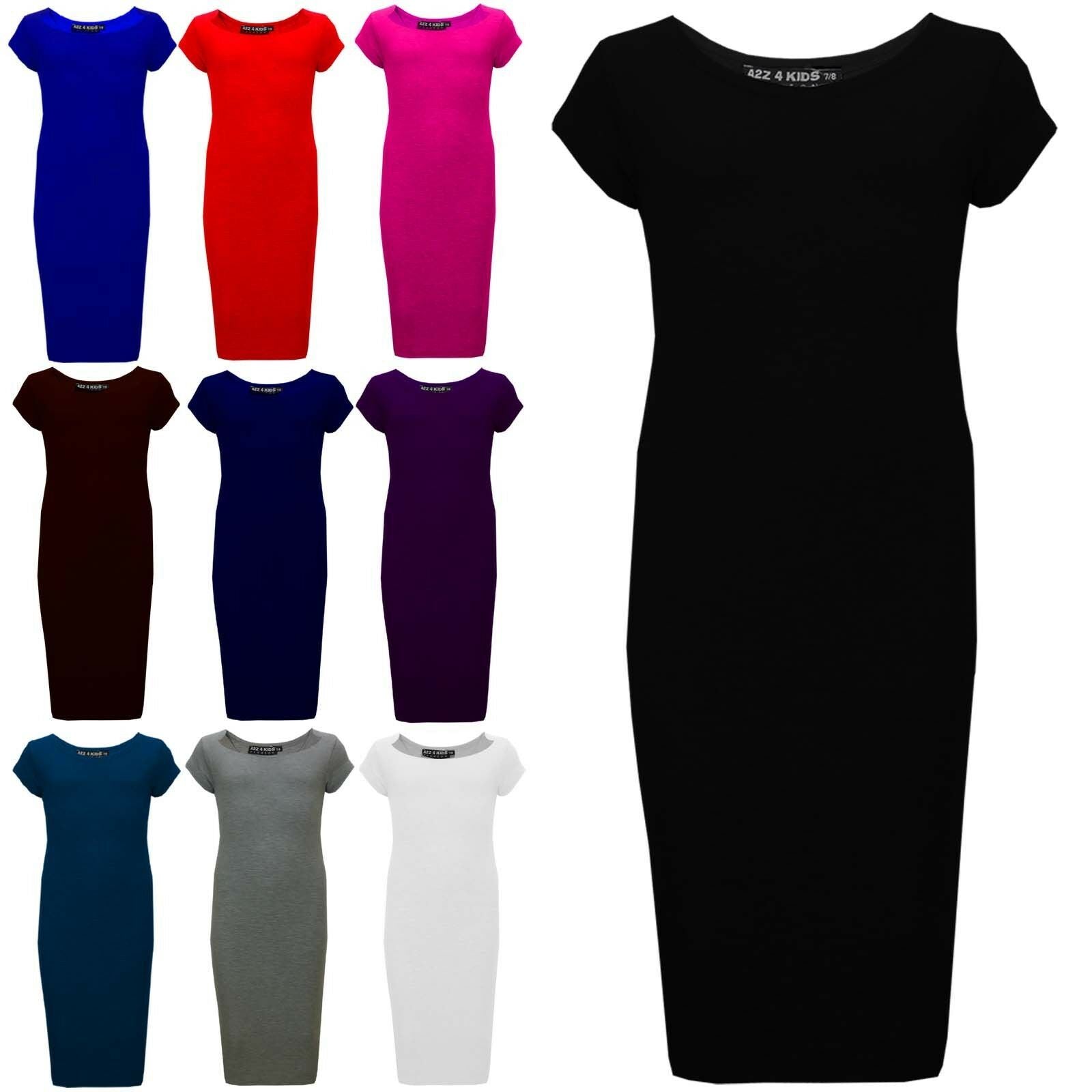 Kids Girls Bodycon Plain Midi Dress Short Sleeve Dresses Party Costume