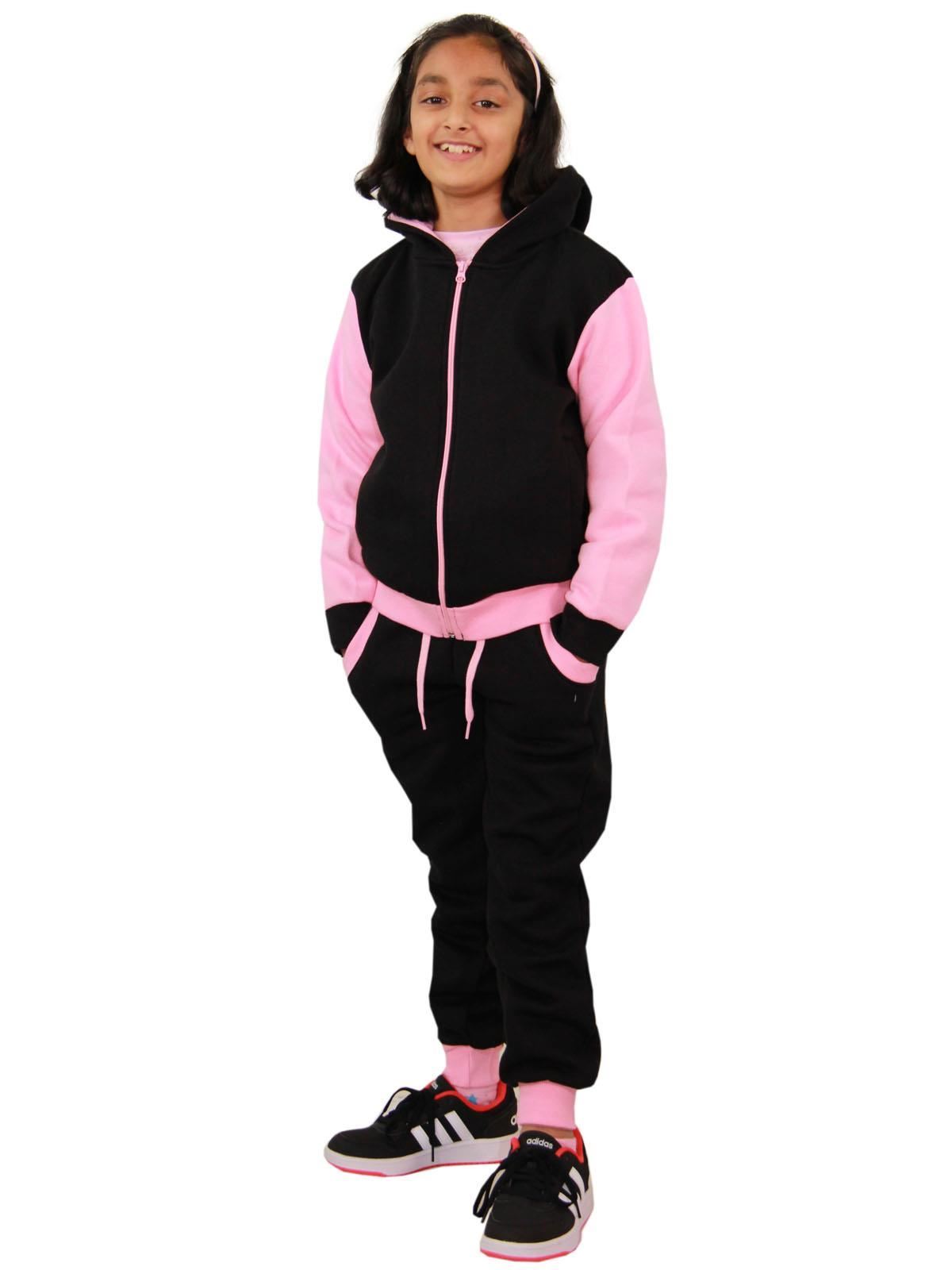 Kids Girls Tracksuit Zipped Fleece Hooded Baby Pink Top & Bottom Jogger