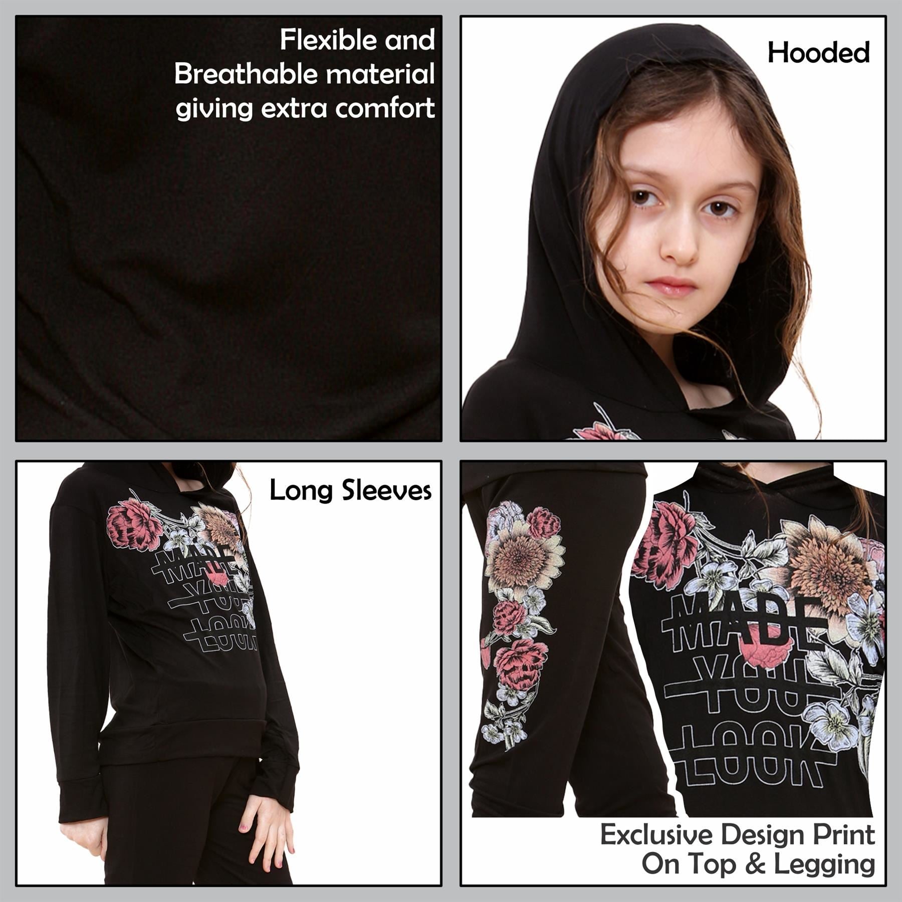 Kids Girls Made You Look Print Black Hooded Top & Legging Set