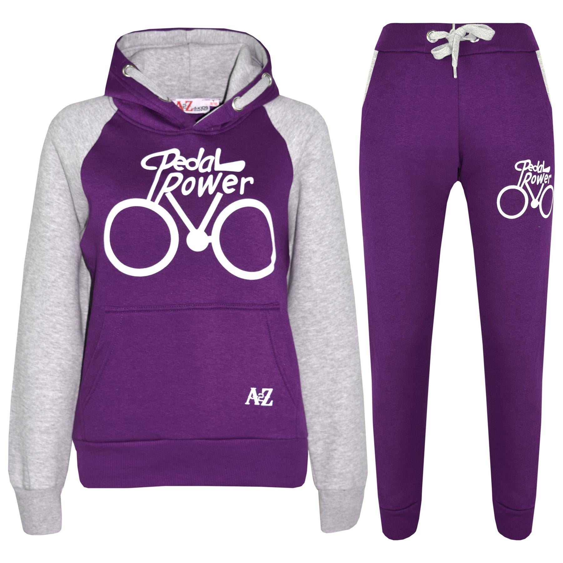 Kids Girls Pedal Power Print Hooded Purple And Grey Tracksuit