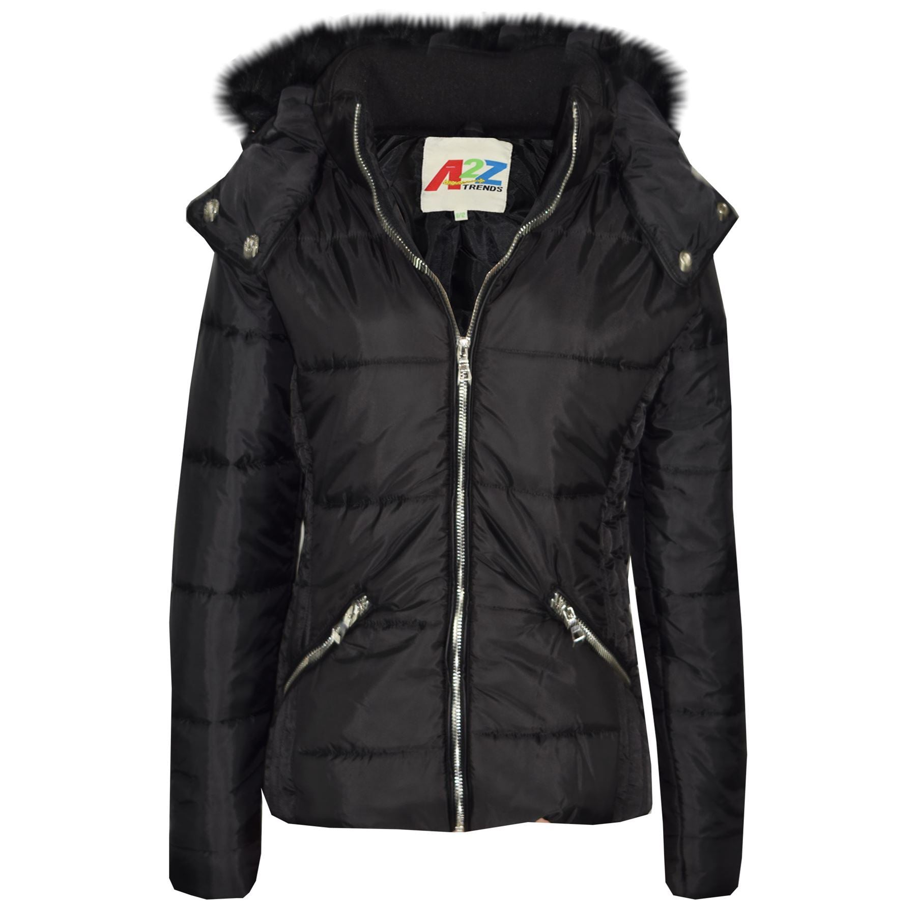 Kids Girls Quilted Black Puffer Coat Faux Fur Collar Hood Jacket