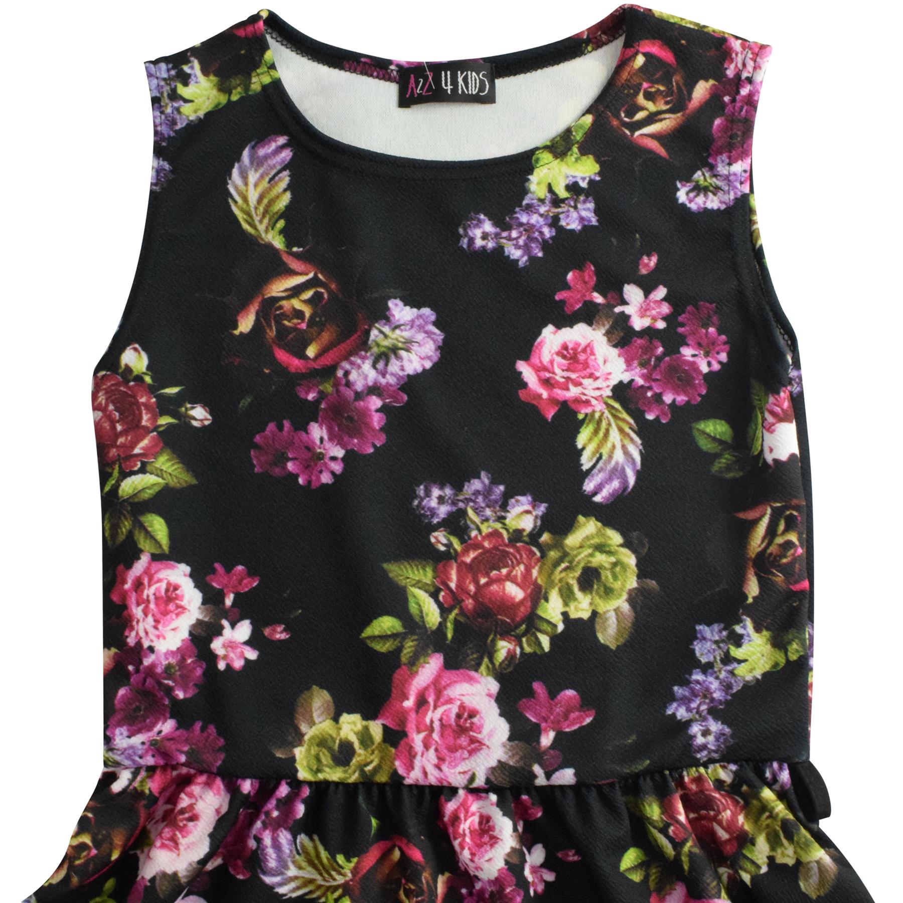 Kids Girls Skater Dress Sleeveless Floral Black Party