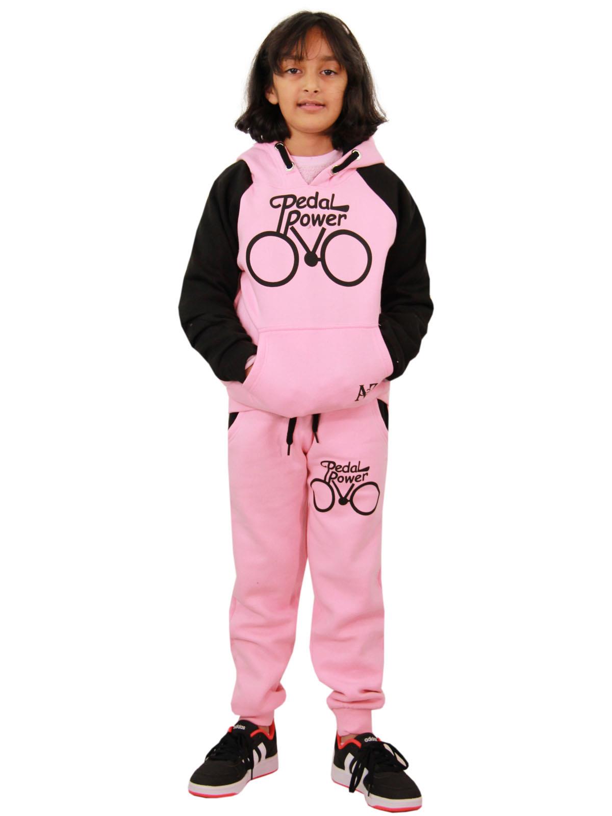 Kids Girls Pedal Power Print Hooded Baby Pink & Black Tracksuit