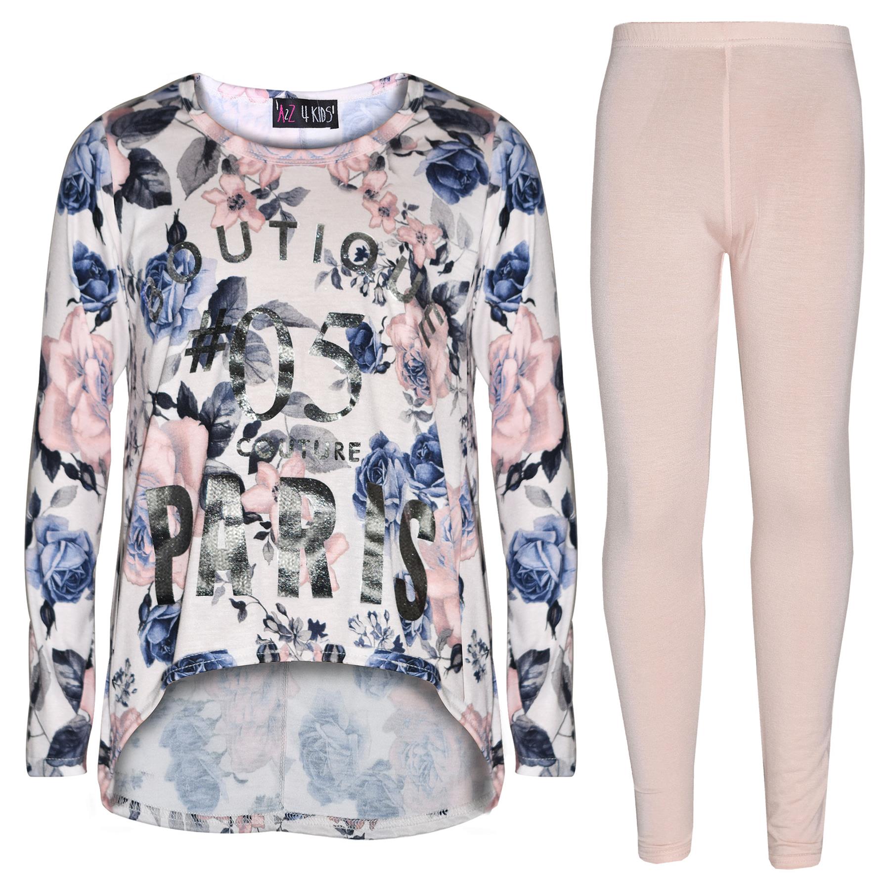 Girls 'PARIS' Print Floral Long Sleeve T Shirt & Legging Set