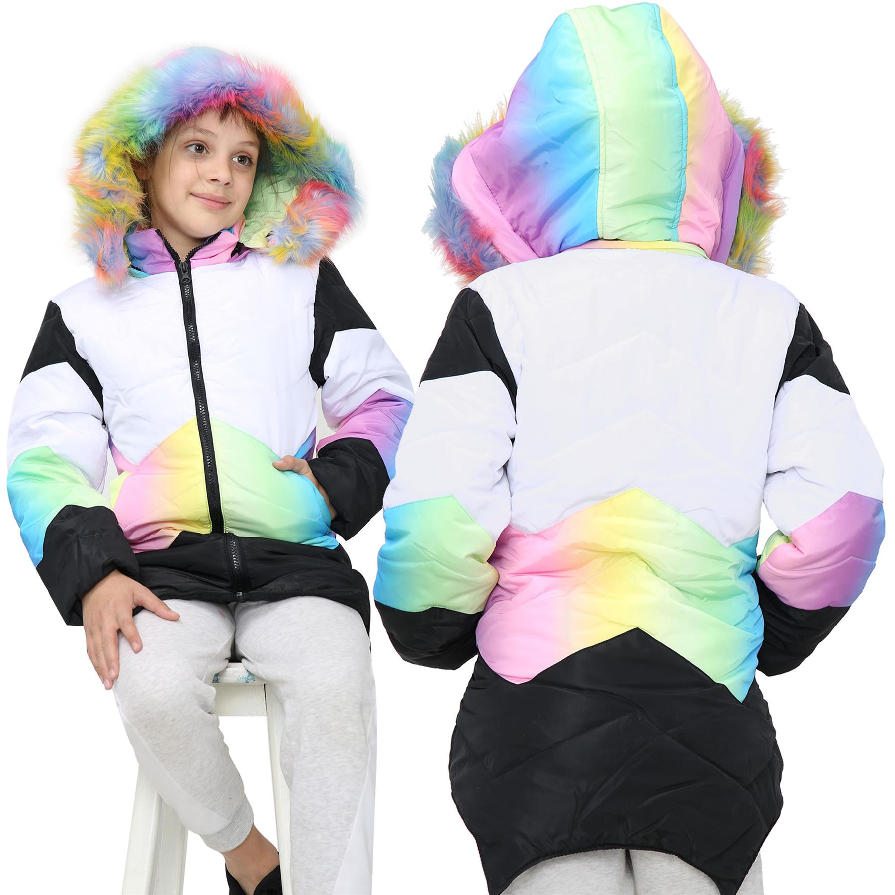 Kids Hooded Rainbow Puffer Coat Faux Fur Jacket Contrast Panel - Kids Clothing Store