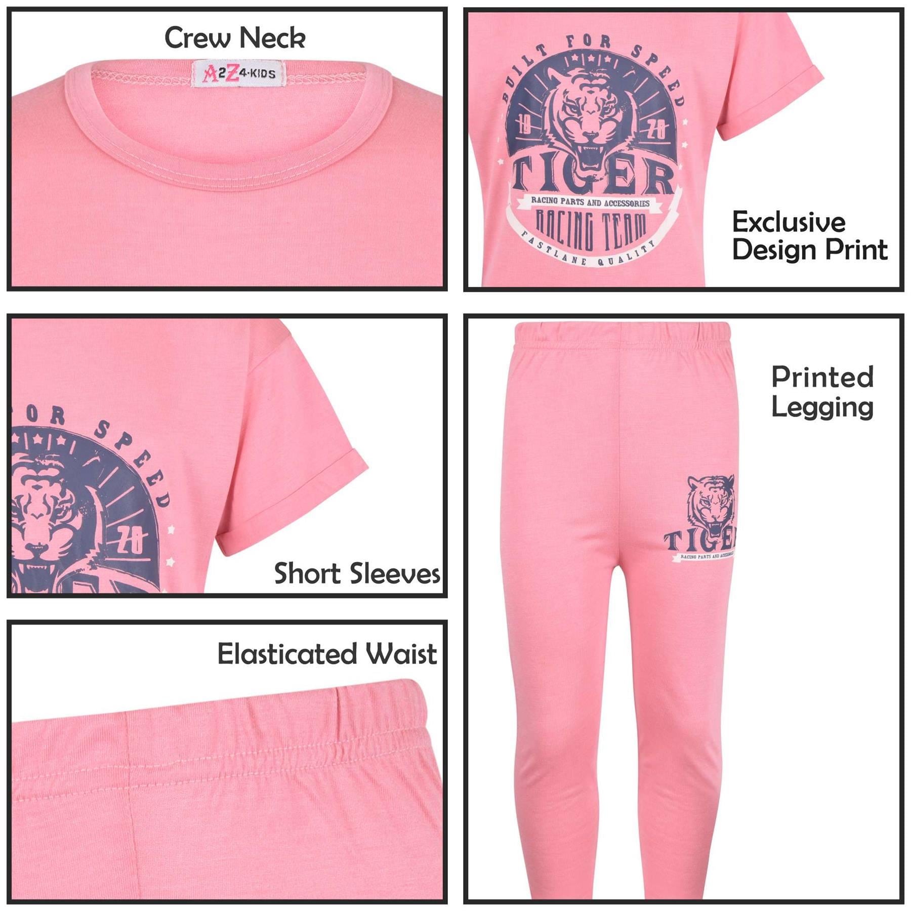 Kids Girls Tiger Racing Team Print Baby Pink T Shirt Top & Legging Set