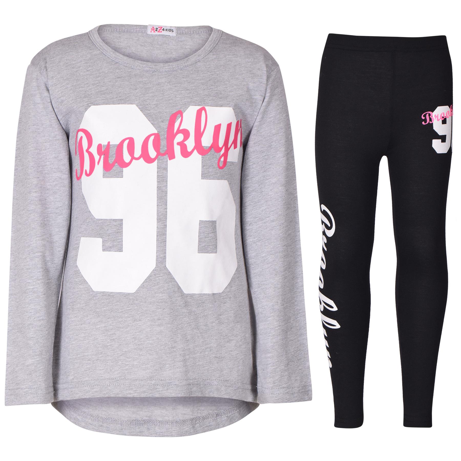 Girls Brooklyn Print Long Sleeves Contrast T Shirt Top & Legging Set