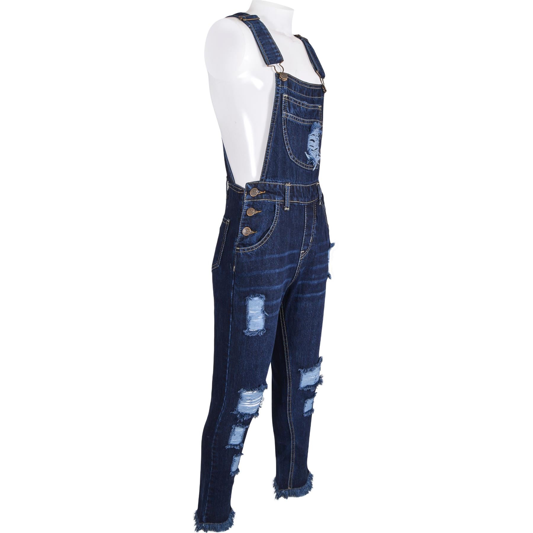 Kids Girls Denim Dungaree Dark Blue Ripped Jeans - Kids Clothing Store