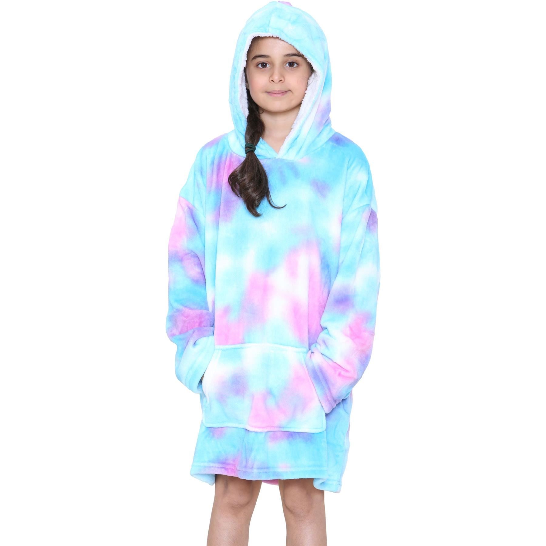 Kids Unisex Oversized Hoodie Snuggle Tie Dye Blue Printed Fleece Blanket