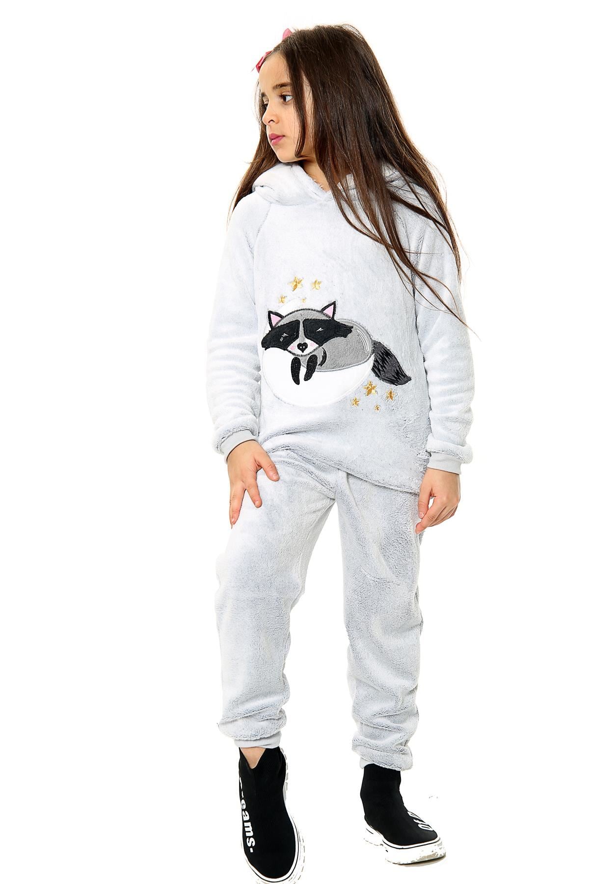 Girls Boys Raccoon Print Plain Fleece Pyjamas.