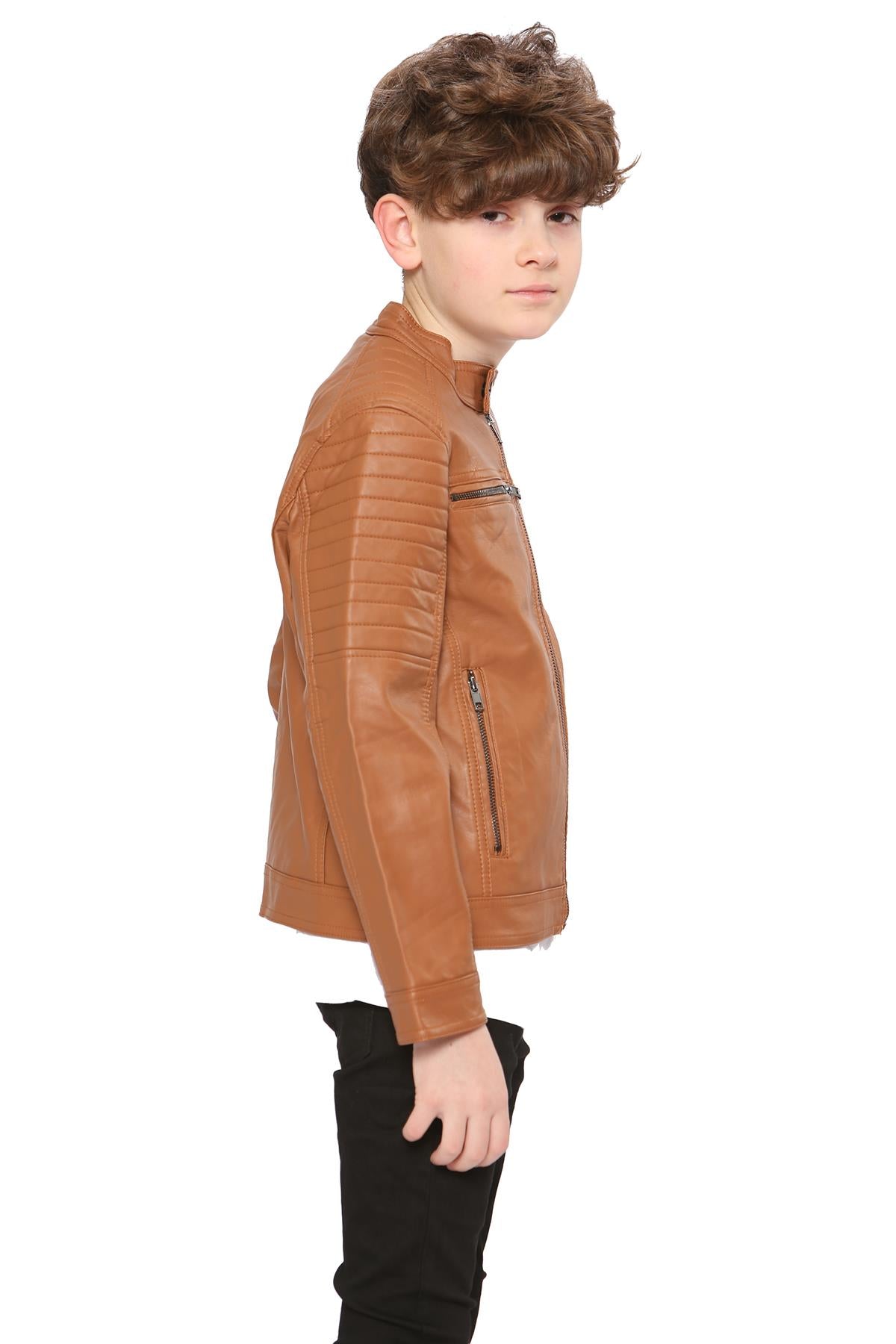 Kids Motorcycle Biker Light Brown Leather Stylish Jacket - Kids Clothing Store