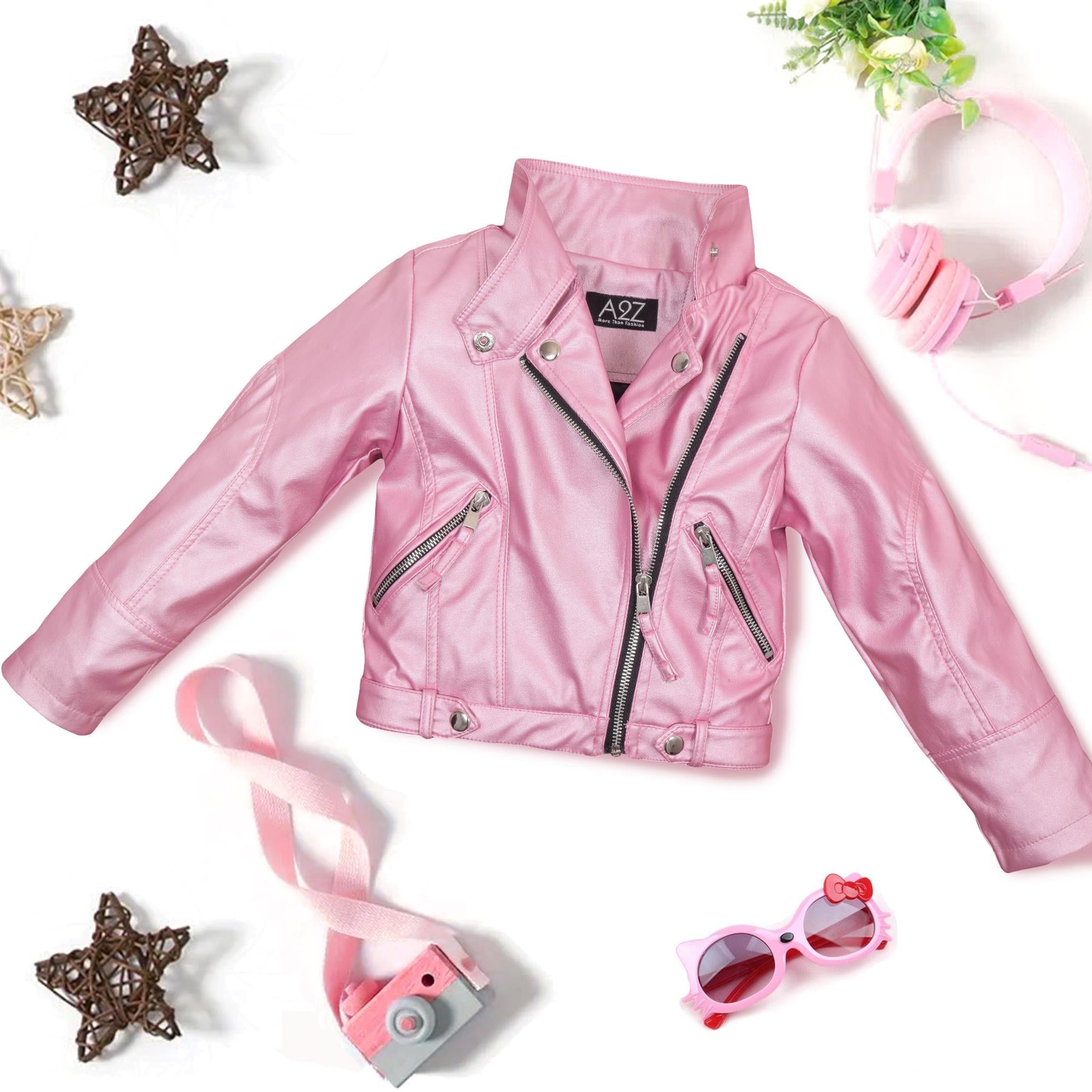 Girls PU Leather Jacket Waterproof Baby Pink Coat