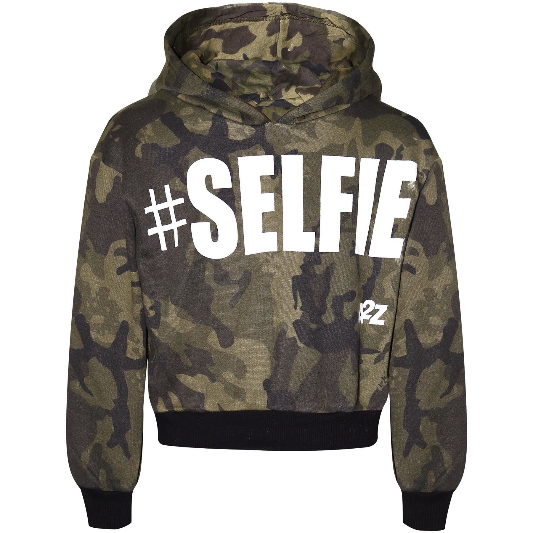 Kids Girls #Selfie Printed Hooded Crop Top & Bottom Jogging Suit