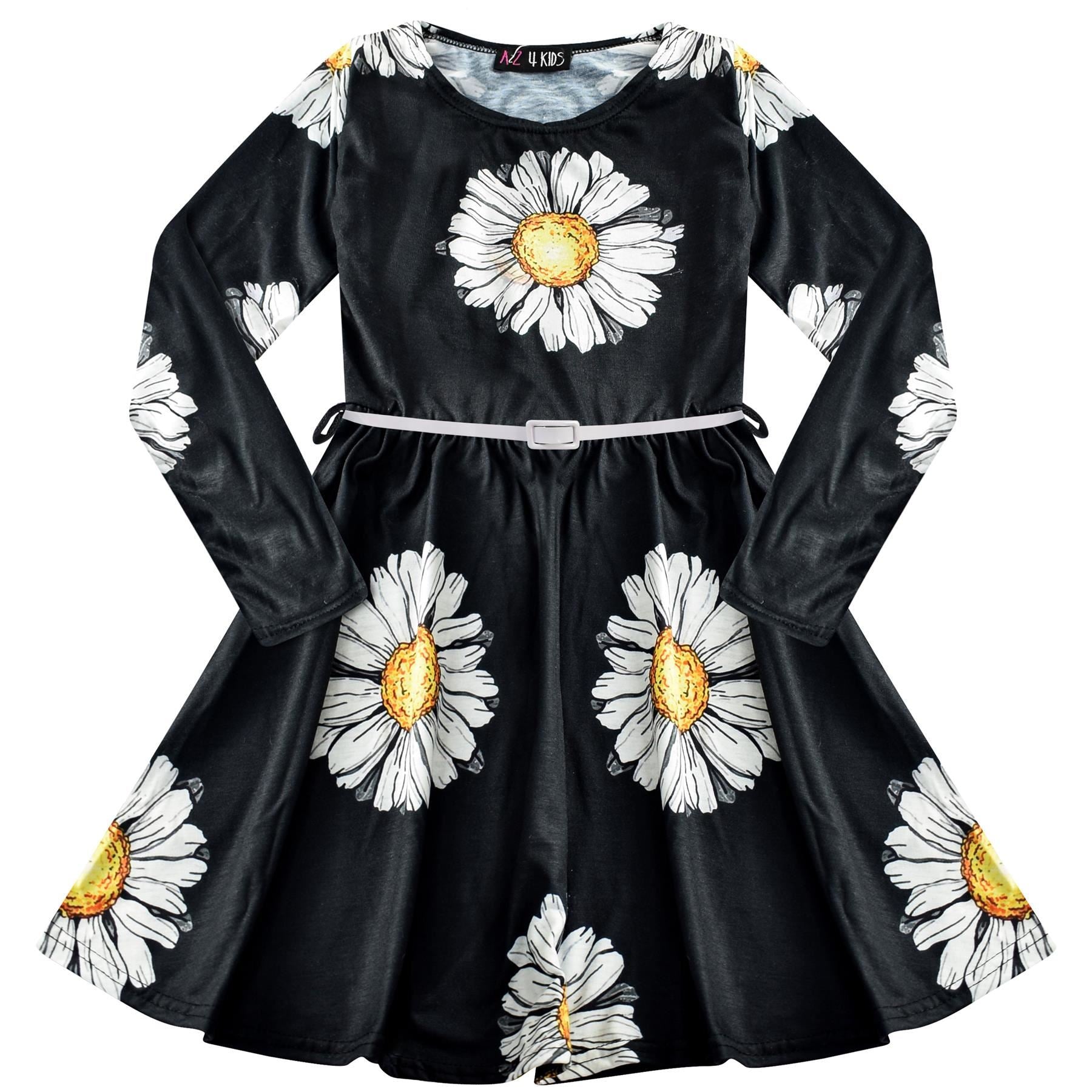 Kids Girls Long Sleeves Daisy Flower Print Skater Dress Fasion