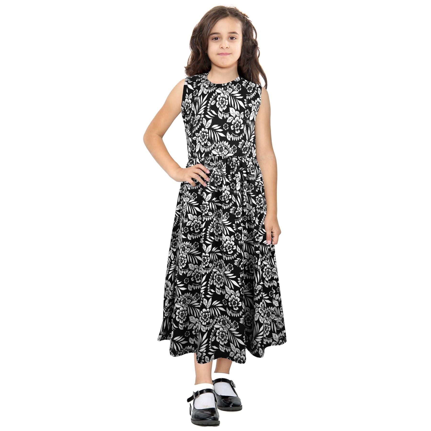 Kids Girls Sleeveless Abstract Floral Printed Long Maxi Skater Dress